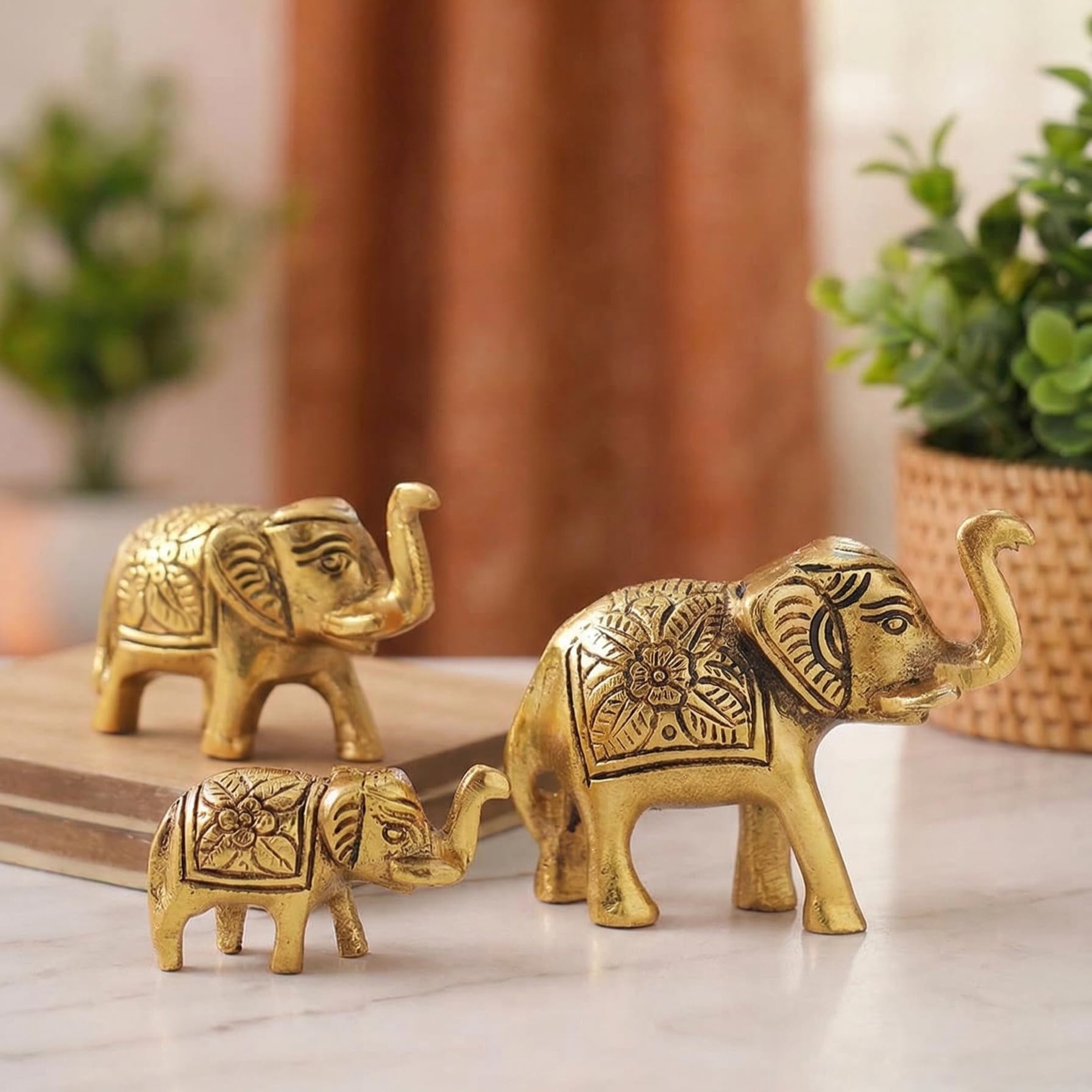 KridayKraft Metal Elephant Showpiece Set of 3 (Gold Polish) - Small Trunk Up Vastu Animal Statues for Home Decor, Office Table, Living Room & Housewarming Gifting