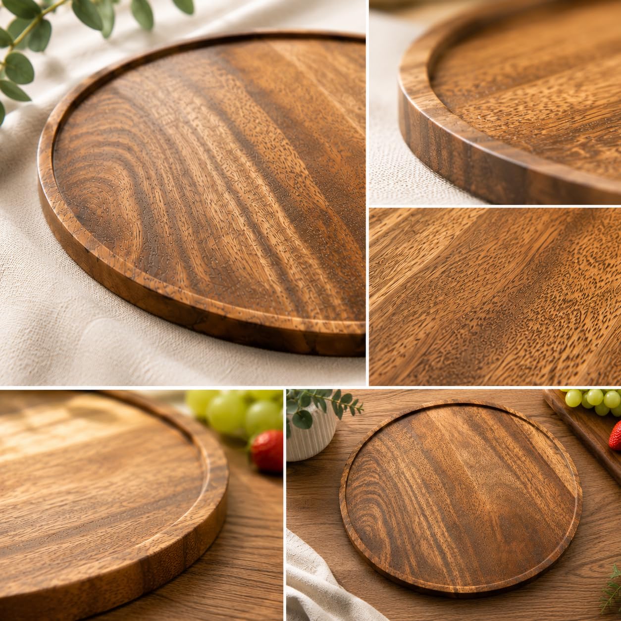 BAUZINI Decorative Round Wood Tray with Raised Edge - Perfect Small Round Tray for Kitchen, Dining Room, Tea, Ottoman, Breakfast Coffee Table & Home Decor Natural Wood Finish - 11 * 11 inch