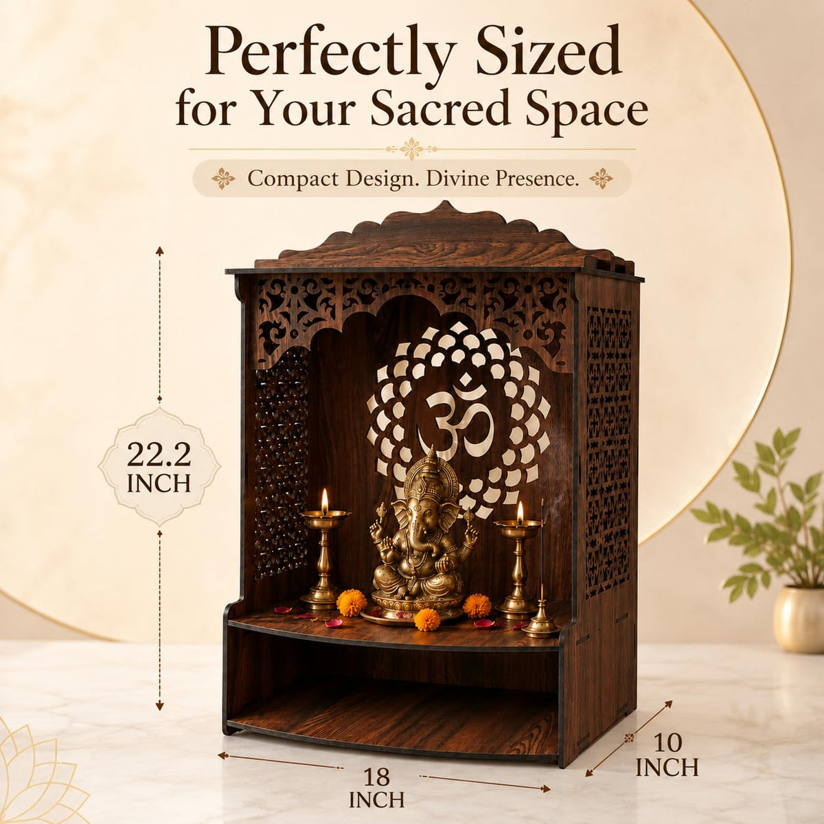 The Castle Decor Wooden Mandir for Home, Wall Hanging & Tabletop Pooja Temple with Ganesha Cutwork, 2-Tier Storage Shelf, MDF Mandir for Pooja Room, Office, Hostel, 13 x 15 x 8 Inch (Design-8)