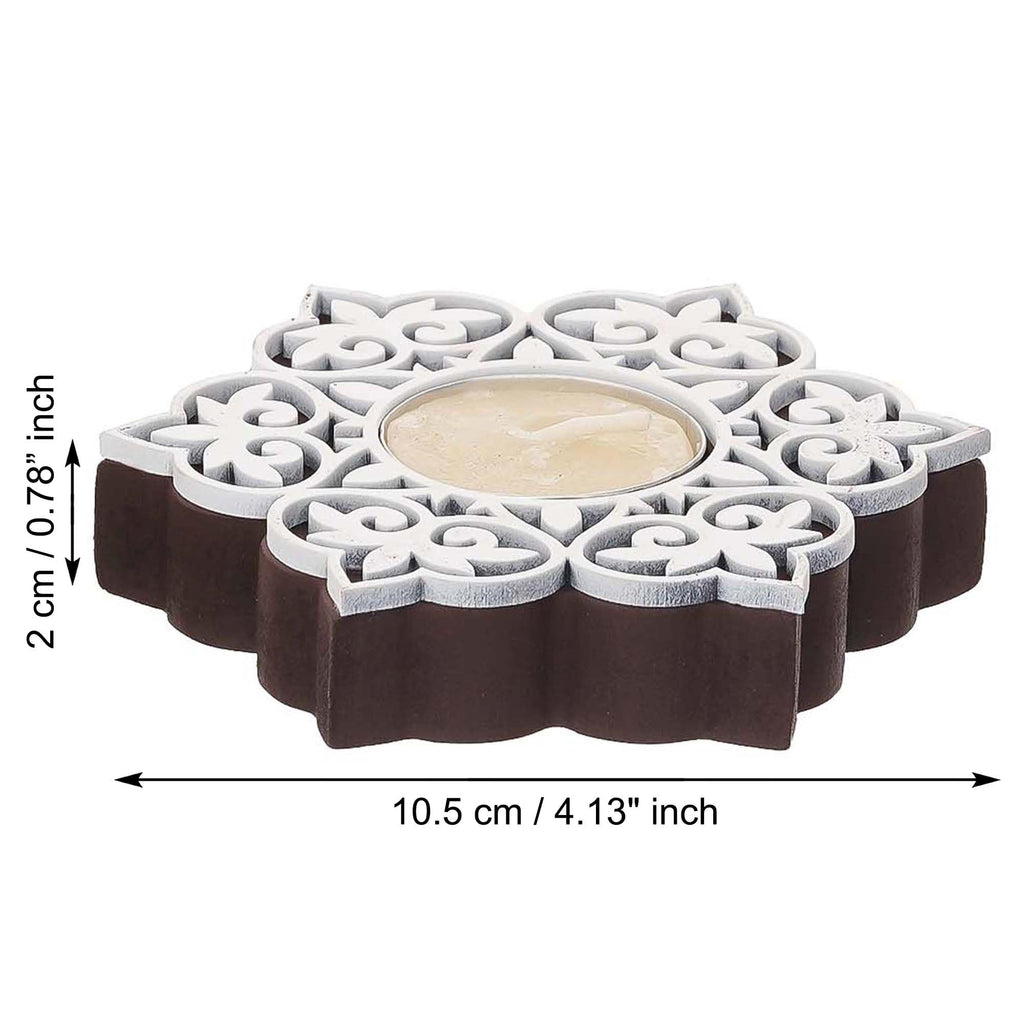 eCraftIndia Set of 2 White Brown Wooden Floral Printing Block Decorative Tea Light Candle Holders, Diya Stands | Tea Light Holders | Christmas Diwali Decoration Items for Home Decor