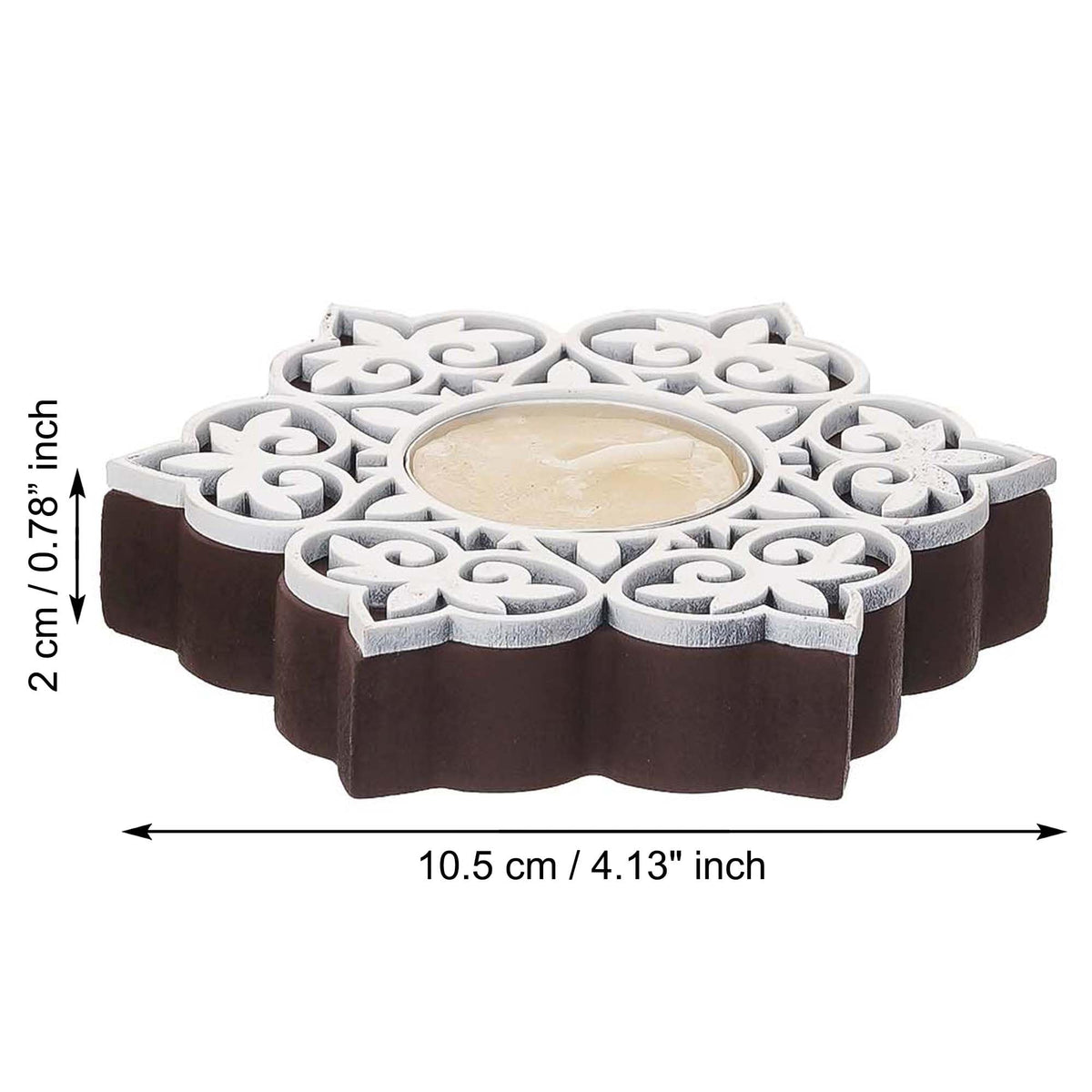 eCraftIndia Set of 2 White Brown Wooden Floral Printing Block Decorative Tea Light Candle Holders, Diya Stands | Tea Light Holders | Christmas Diwali Decoration Items for Home Decor