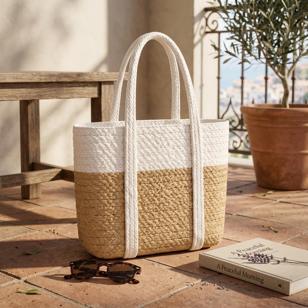 Loom & Luster Handwoven Jute Tote Bag Dual Tone Summer Shoulder Bag | Lightweight Eco-Friendly Handbag for girls and woman (Beige & white)