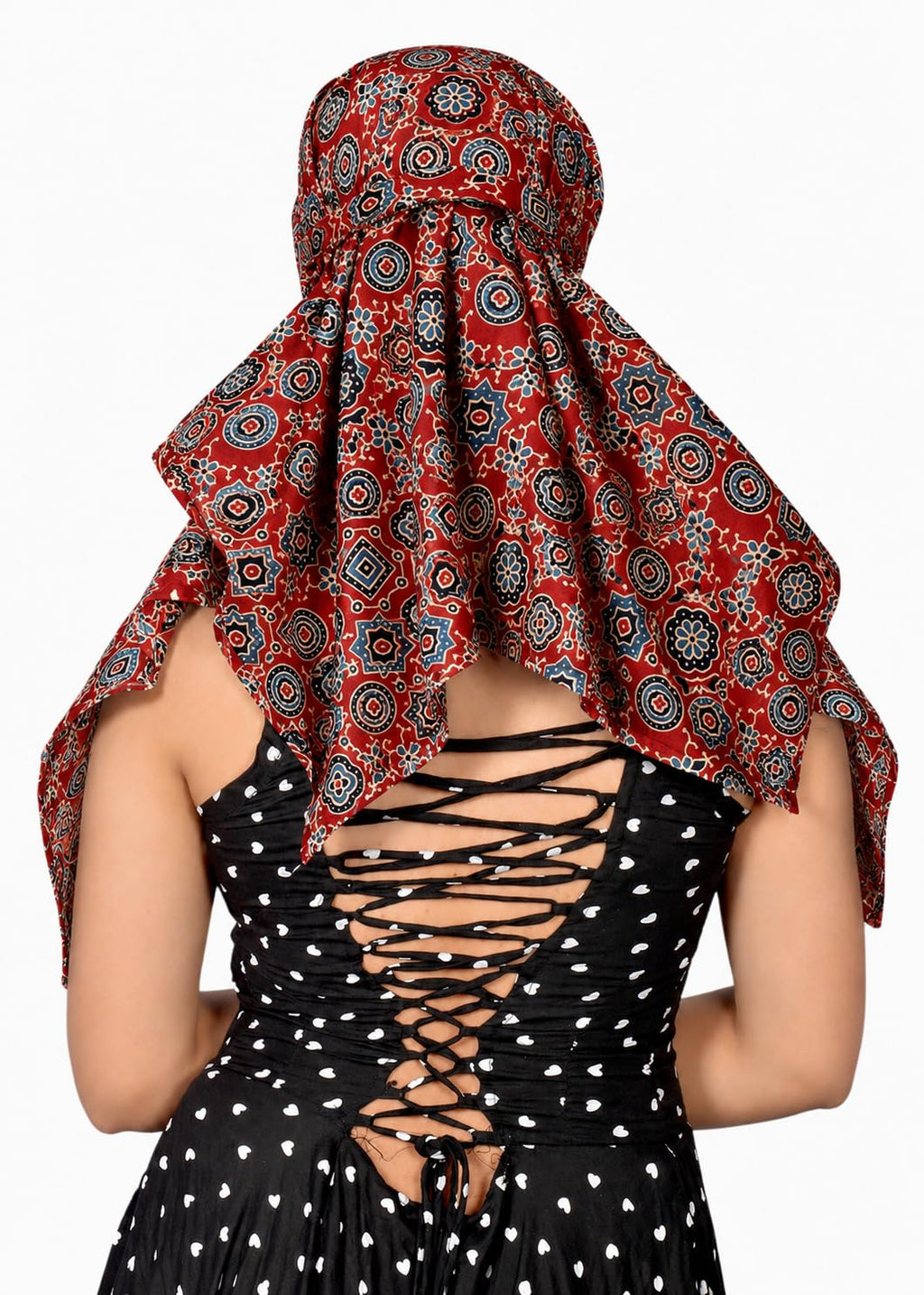 DEEPNYRA - LIVING STYLE Scarf Face Full Covering With Mask Head Hair Wrap Sun Protection For Women Cotton Printed Square All Season Wear (MARRON AJRAK CHAKRI)