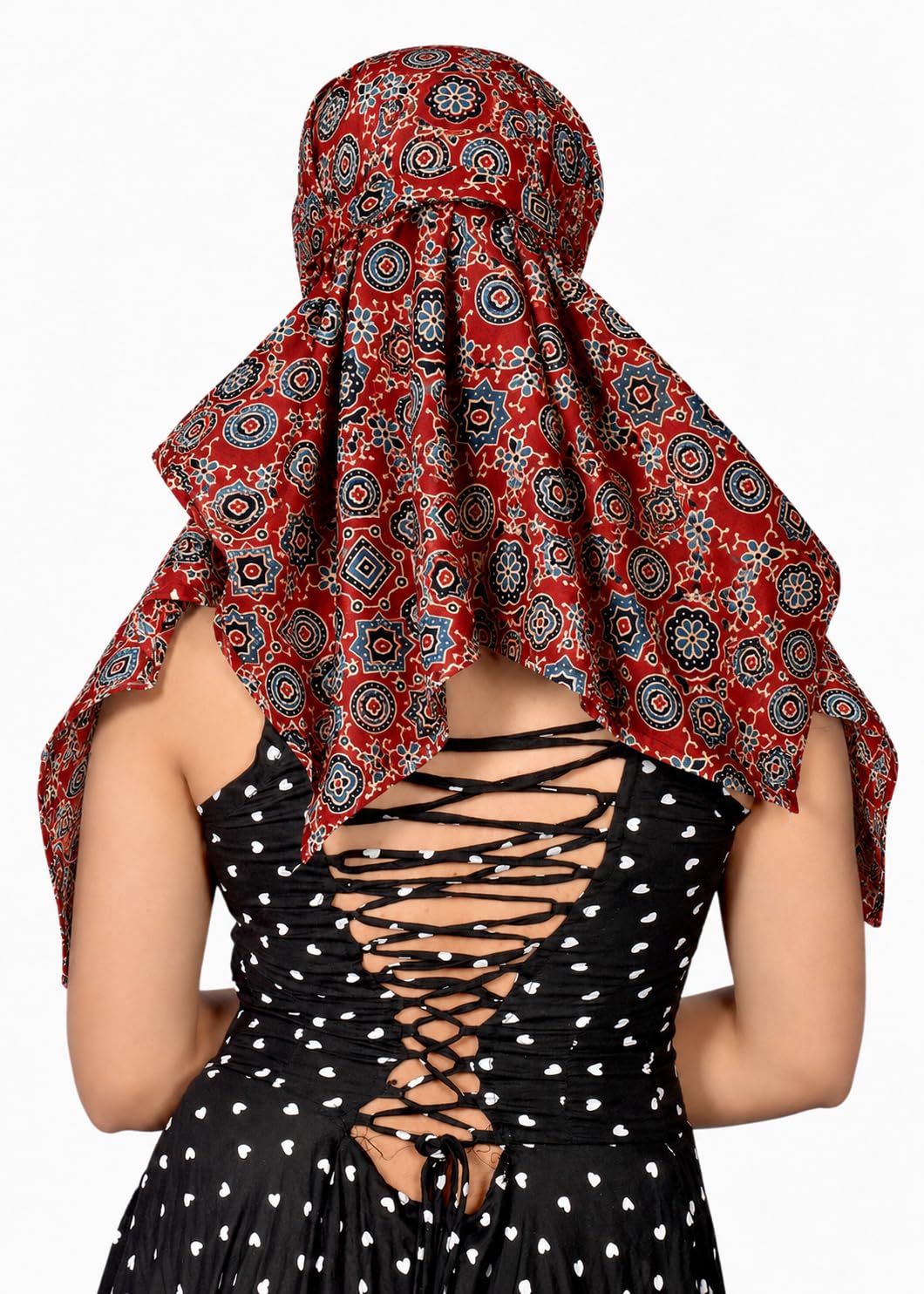 DEEPNYRA - LIVING STYLE Scarf Face Full Covering With Mask Head Hair Wrap Sun Protection For Women Cotton Printed Square All Season Wear (MARRON AJRAK CHAKRI)