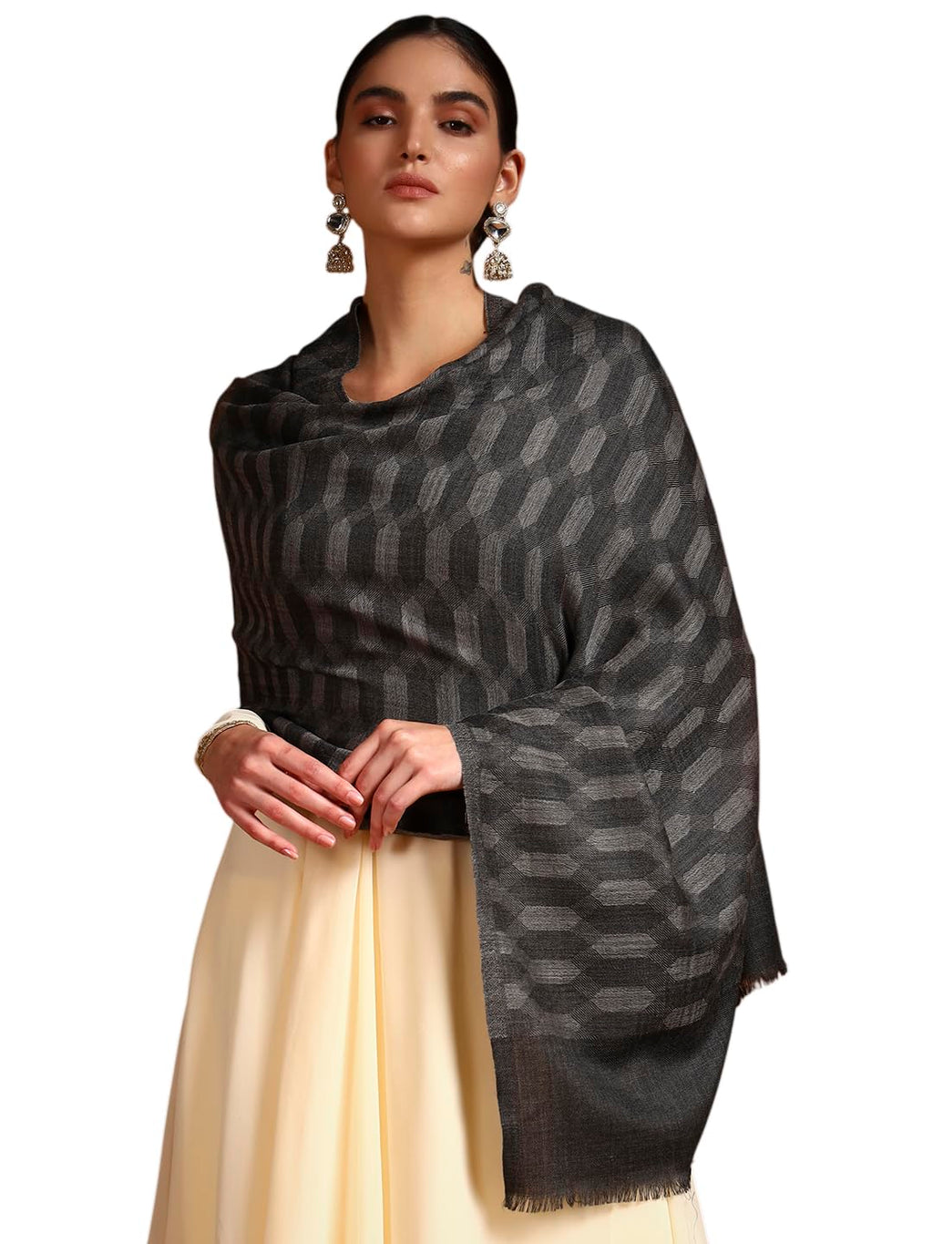 Pashmoda Women 100% Pure Wool Ikat Checkered Stole, Scarf, Wrap, Sustainable and Natural Fabric, Luxury Heritage Pashmina Gift, Evening Stole (Size 28x80 Inches, Dark Grey 2) CHST04