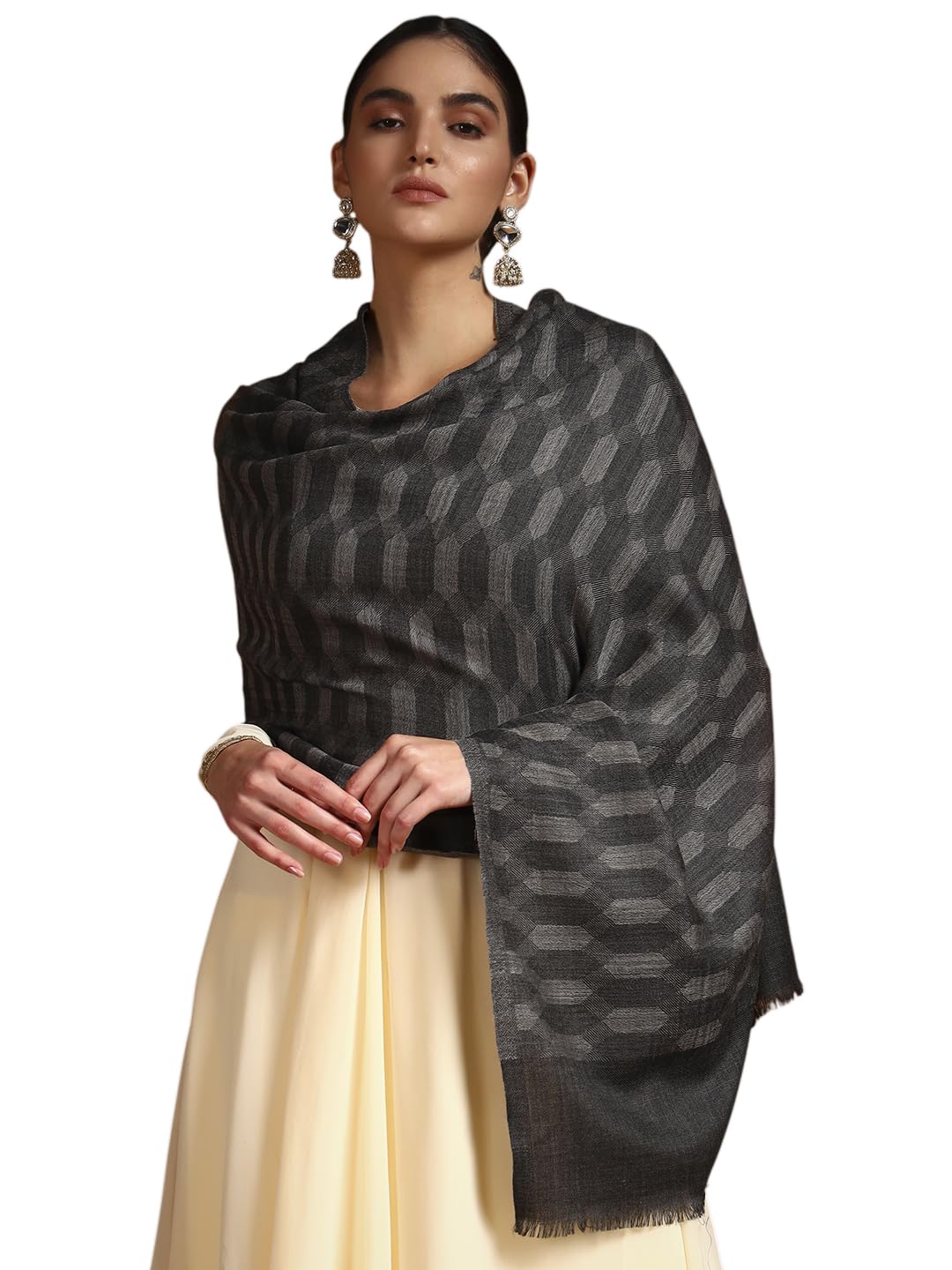 Pashmoda Women 100% Pure Wool Ikat Checkered Stole, Scarf, Wrap, Sustainable and Natural Fabric, Luxury Heritage Pashmina Gift, Evening Stole (Size 28x80 Inches, Dark Grey 2) CHST04