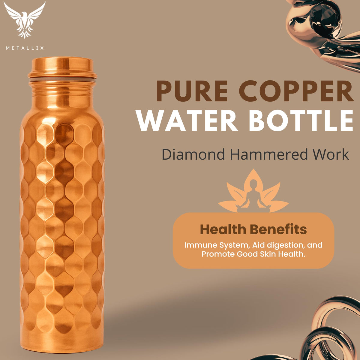 Metallix Copper Water Bottle 1 Ltr | Copper Bottle for Men & Women | 100% Pure Copper | BPA Free & Leak Proof | Easy to Carry | Suitable for Yoga, School & Office (Daimond Hammered)