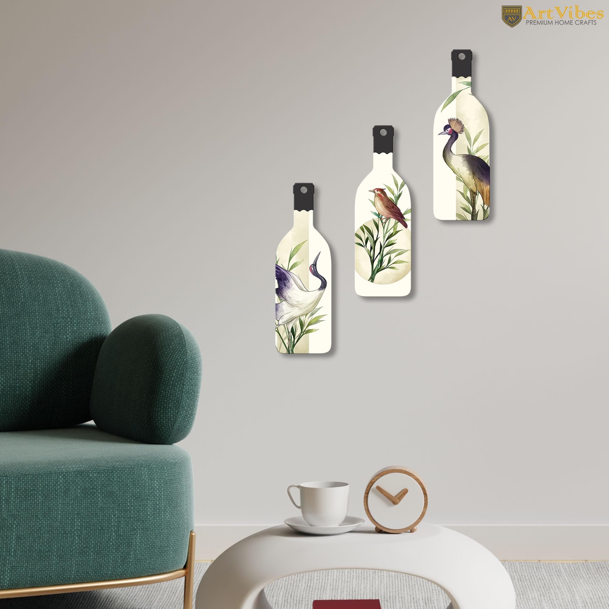 Artvibes Japanese Watercolor Art of Birds Decor Bottle shaped Wooden Wall Hanging | Living Room | Handcrafted Art | Wall Poster | Aesthetic Wooden Decor | Art Print | Unique Gift (WH_9515N), Set of 3