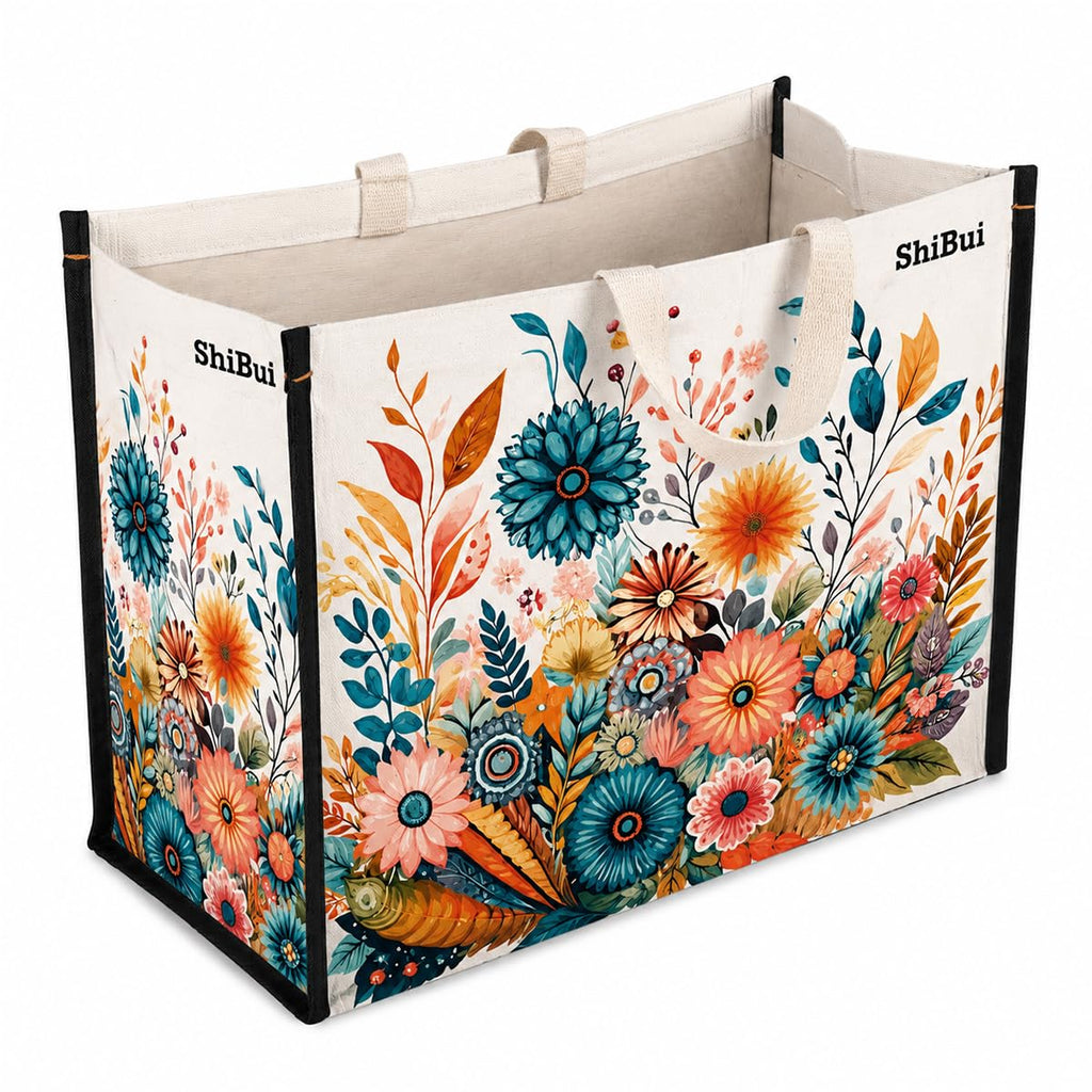 SHIBUI Big Heavy Duty Large Eco Waterproof Cotton Canvas Cloth Grocery Shopping Bag for Men Ladies Vegetable Milk Fruits with Hand Carry Handle Lunch Box Jhola Tote Bags (6, Flower Print 2)