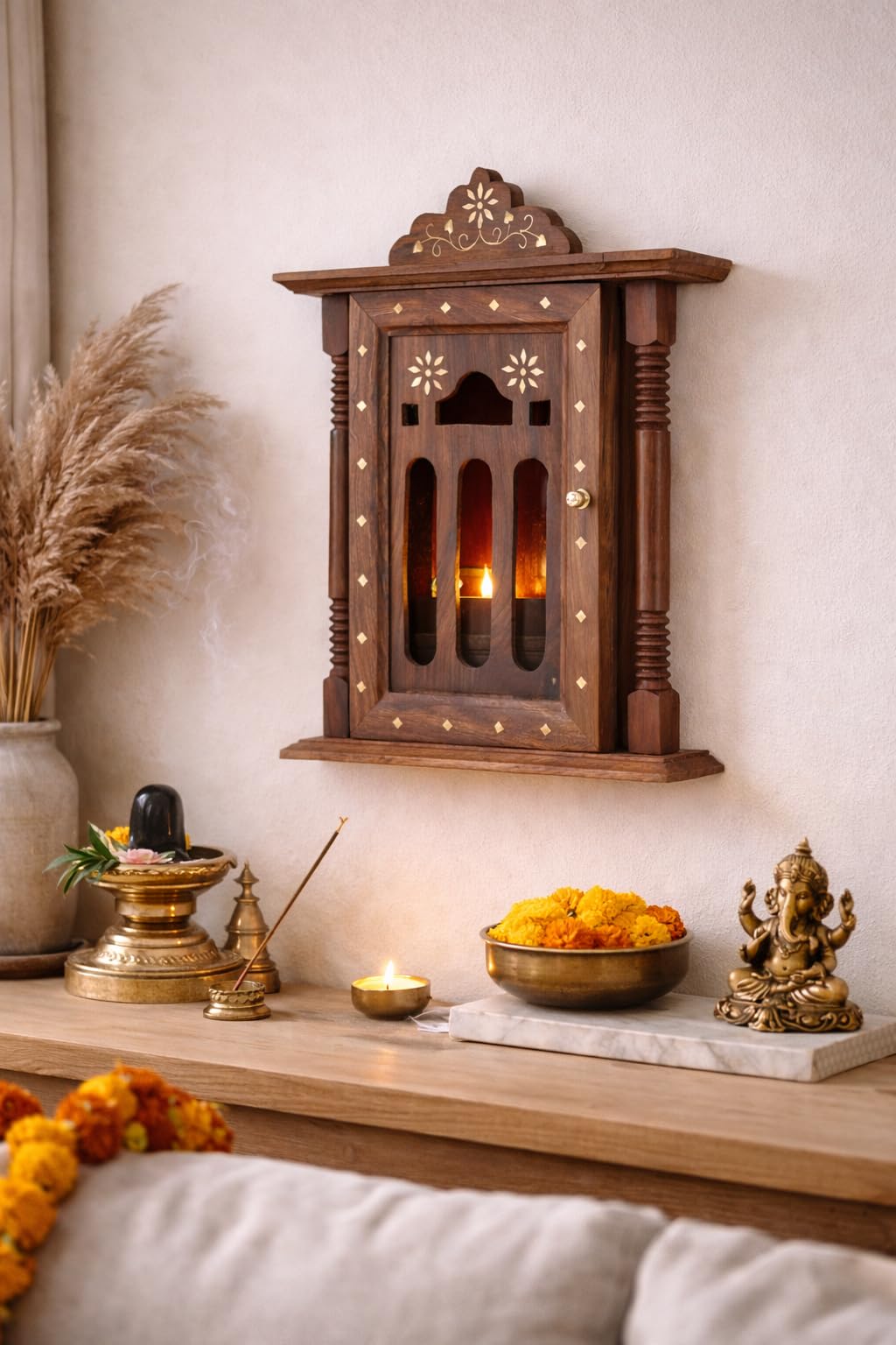 Handcrafted Wooden Wall Mounted Temple with Brass Inlay, Traditional Indian Pooja Mandir, Brown Sheesham Wood, Religious Home Decor Shrine