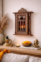 Handcrafted Wooden Wall Mounted Temple with Brass Inlay, Traditional Indian Pooja Mandir, Brown Sheesham Wood, Religious Home Decor Shrine