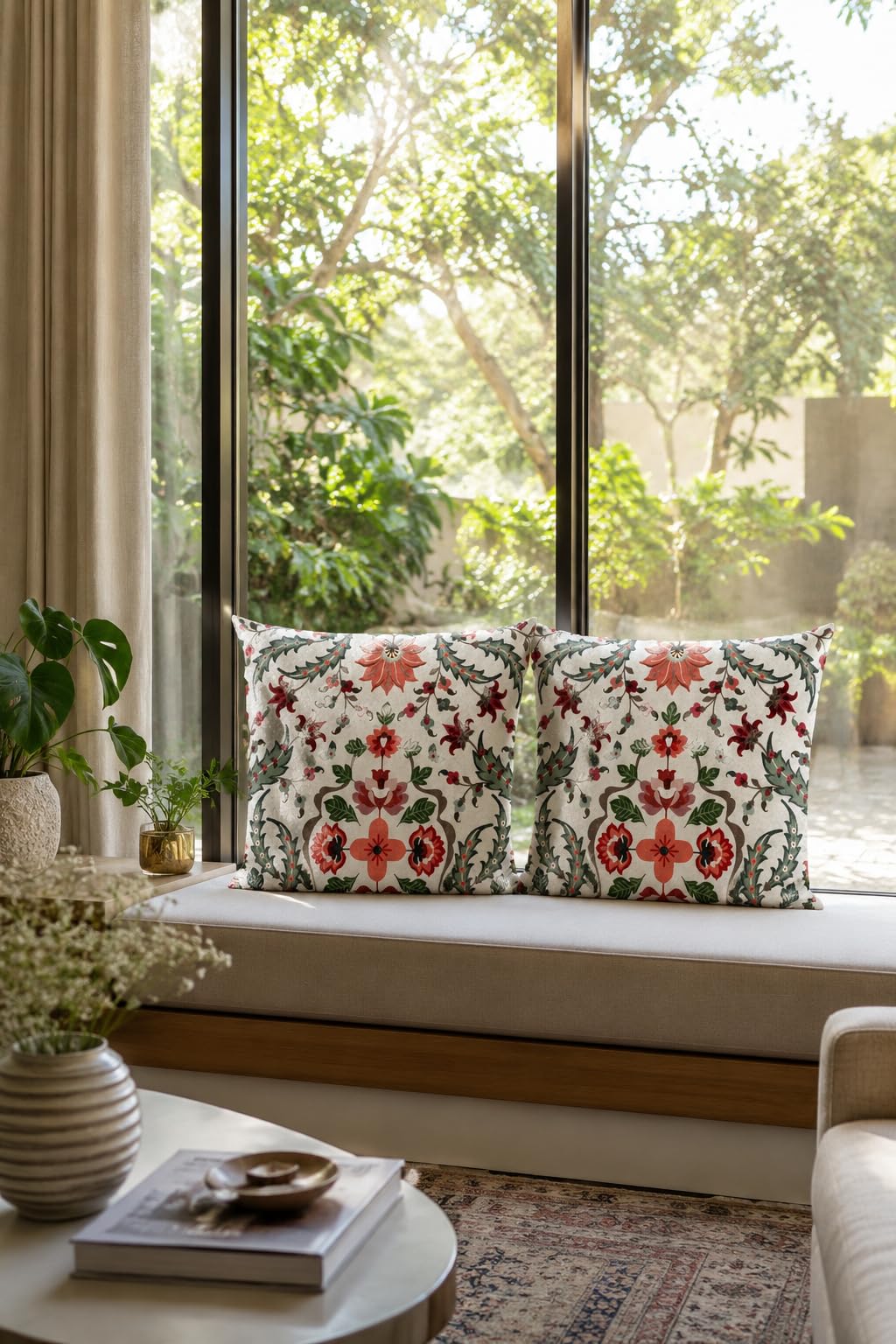 AMAZE ATTIRES Velvet Cushion Cover 24x24 Inch – Set of 4 Decorative Throw Pillow Covers for Sofa, Couch or Bed – Designer Printed Square Cushion Covers – Home Decor (White Red Floral)