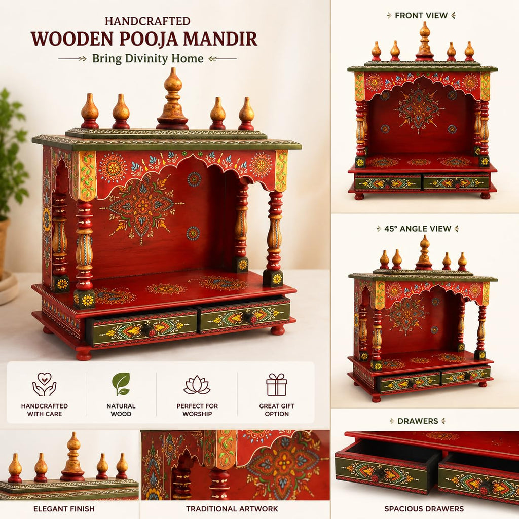 Kamdhenu Art and Craft Wood Home Temple (18 x 9 x 21 inch, Red and Green)
