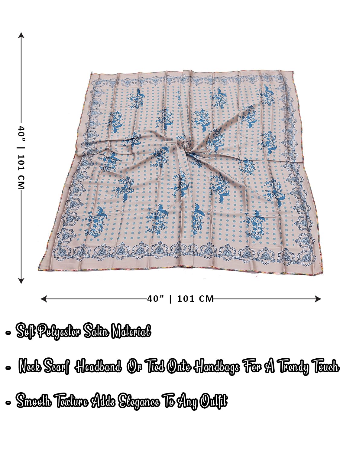 leeza store Women's Soft Beige Silk Scarf For Women – 40X40 Floral Buti & Polka Dot Digital Print, Elegant Neck & Head Wrap