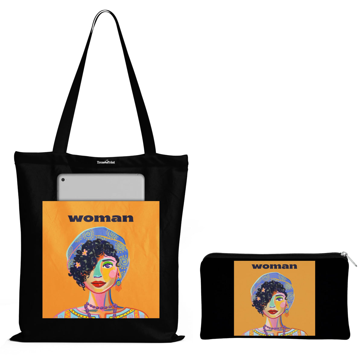 TrendoPrint Eco-Friendly Printed Black Tote Bag 14 x 16 inch with Makeup Pouch for College, Shopping and Travelling (TB148)