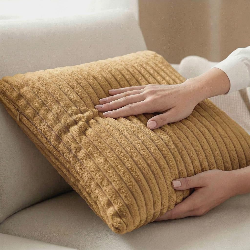Yellow Weaves Pencil-Stripe Fur Cushion Covers | Soft Polyester | Decorative Sofa & Throw Pillow Covers | 16x16 Inches, Pack of 5 (Golden Brown)