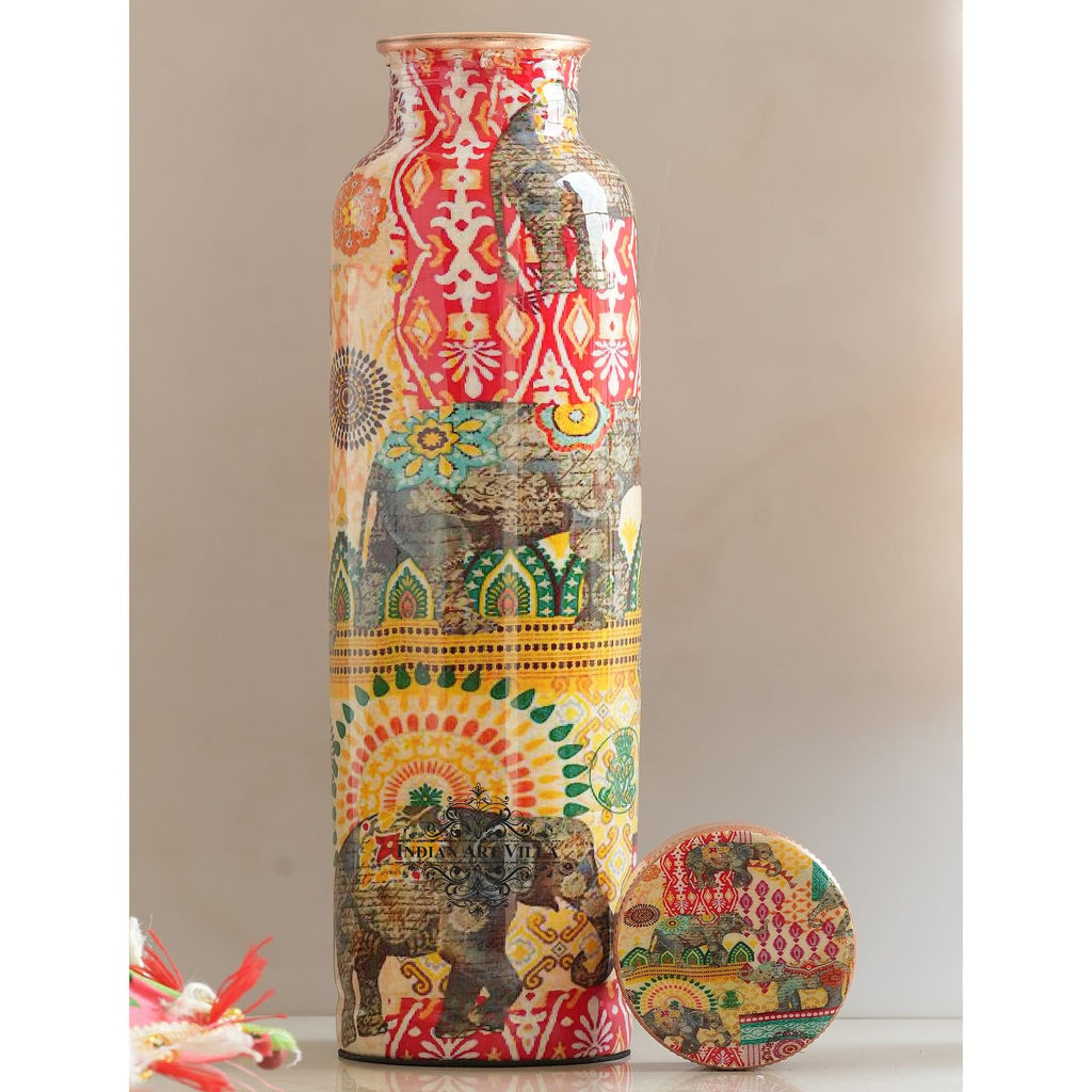 INDIAN ART VILLA Copper Water Bottle 900 ml, “Padharo Mhare Desh” Theme, Rajasthani Meena Printed Design, Handcrafted (0.9 litre)