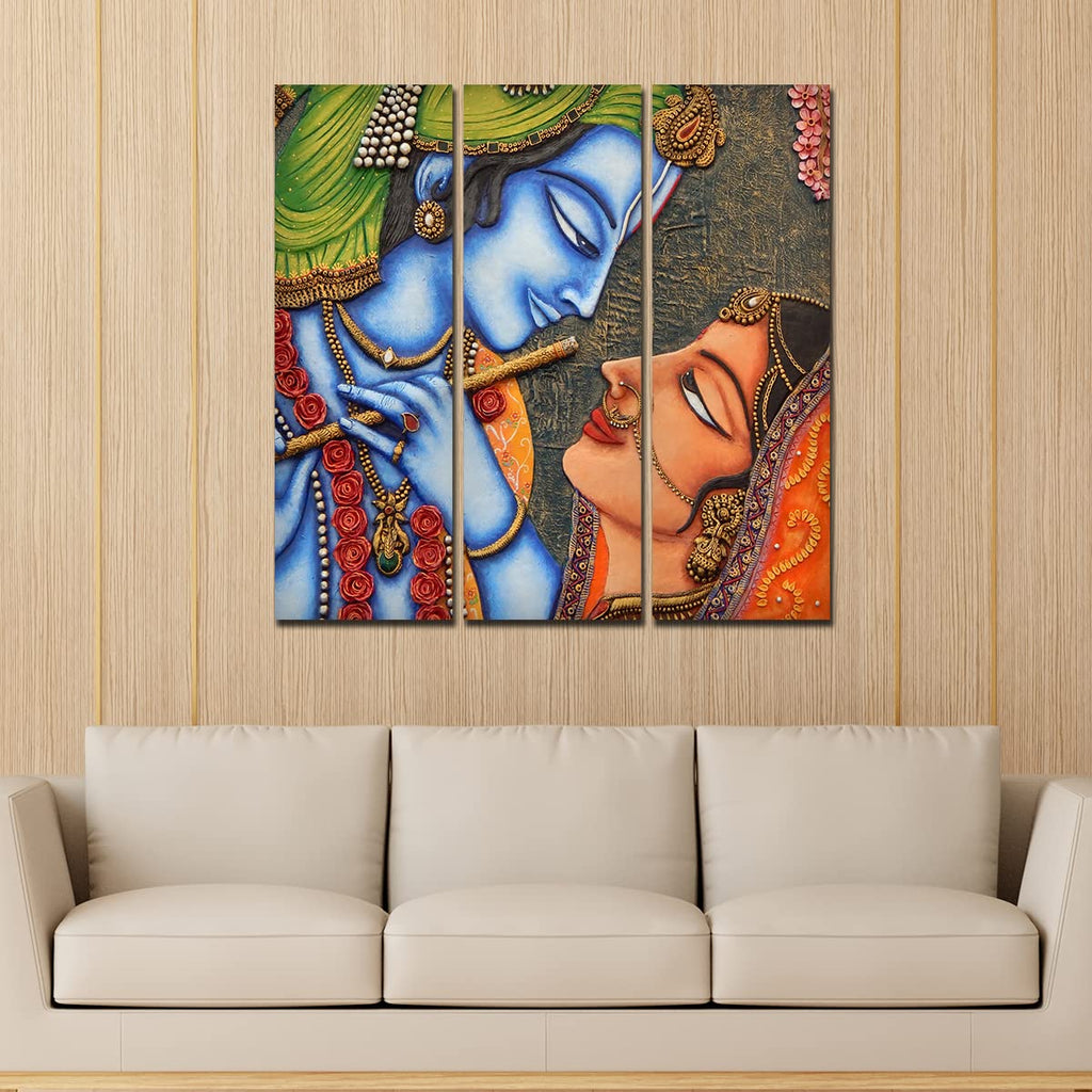 VIBECRAFTS Beautiful Radha Krishna 3 Pieces Canvas Wall Painting Fitted With Wooden Frame For Home | Office | Living Room | Gifts (PTVC3Pcs1_9549)