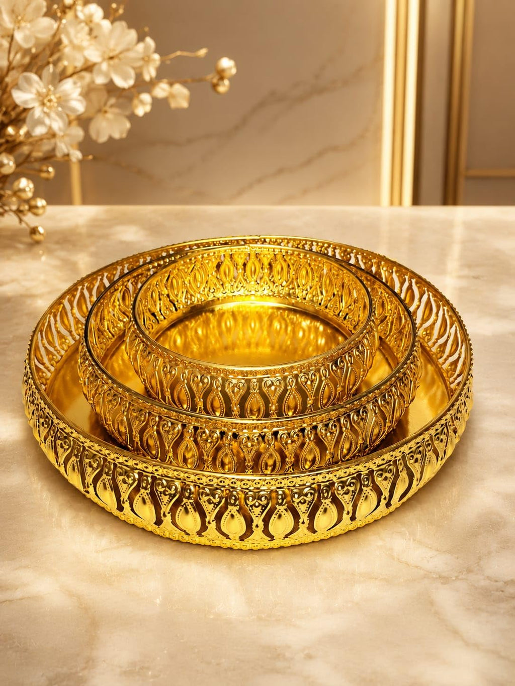 Decorative German Silver Tray Set of 3 Sets Designer Set Trays I Gifting Trays Set [Display for Home Wedding and Festive Decor Size 10 inch 8 inch 6 inch
