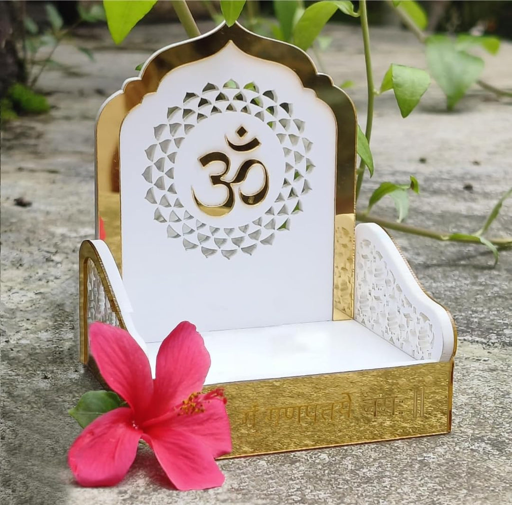 Acrylic Pooja Singhasan for Home Temple | White & Gold Mandir Chowki with Om Design | Krishna Laddu Gopal Singhasan | Decorative Acrylic Temple Seat for Pooja Room & Festive Decor. (3 * 4)