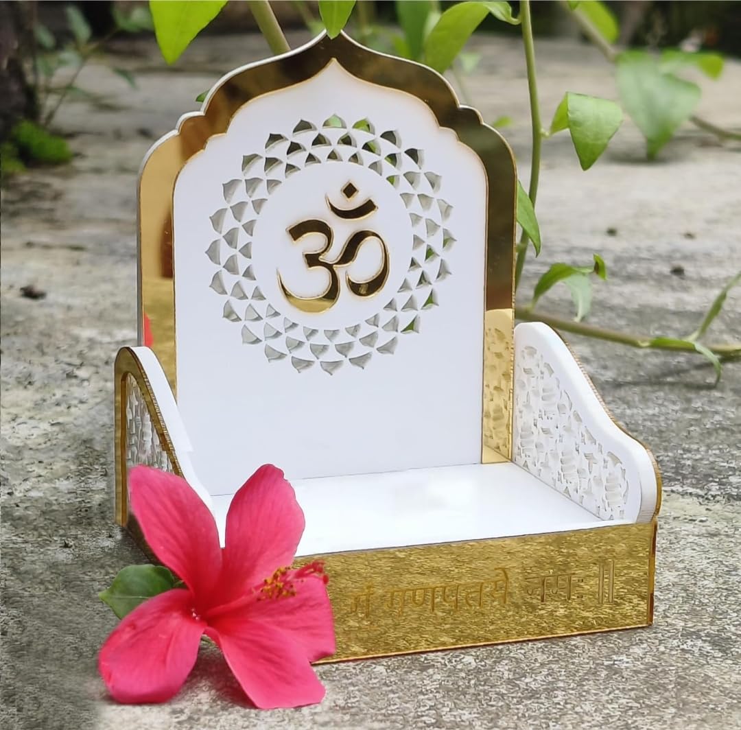 Acrylic Pooja Singhasan for Home Temple | White & Gold Mandir Chowki with Om Design | Krishna Laddu Gopal Singhasan | Decorative Acrylic Temple Seat for Pooja Room & Festive Decor. (3 * 4)