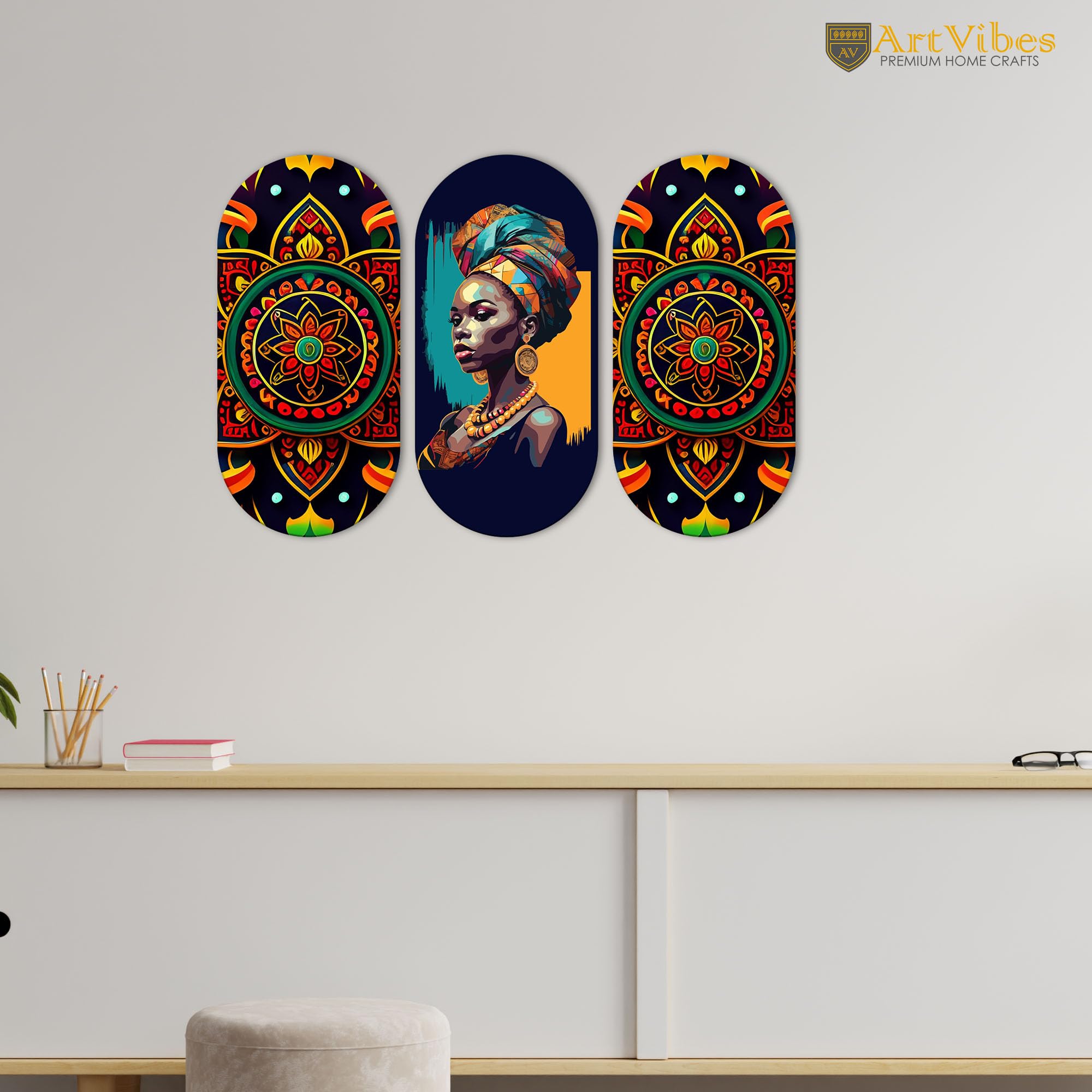 Artvibes African Lady and Mandala Pattern Decorative MDF Wooden Wall Art for Home | Room Decoration | Handcrafted Art | Aesthetic Wooden Decor | Artworks Hangings | Ideal Gifts (WH_9017N), Set of 3