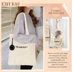 PALAY® Tote Bag for Woman Beige Crochet Hand Bags with Smiley Charm Mesh Woven Knitting Women Handbags Elegant Hollow-out Braided Beach Bohemian Shoulder Bag for Woman