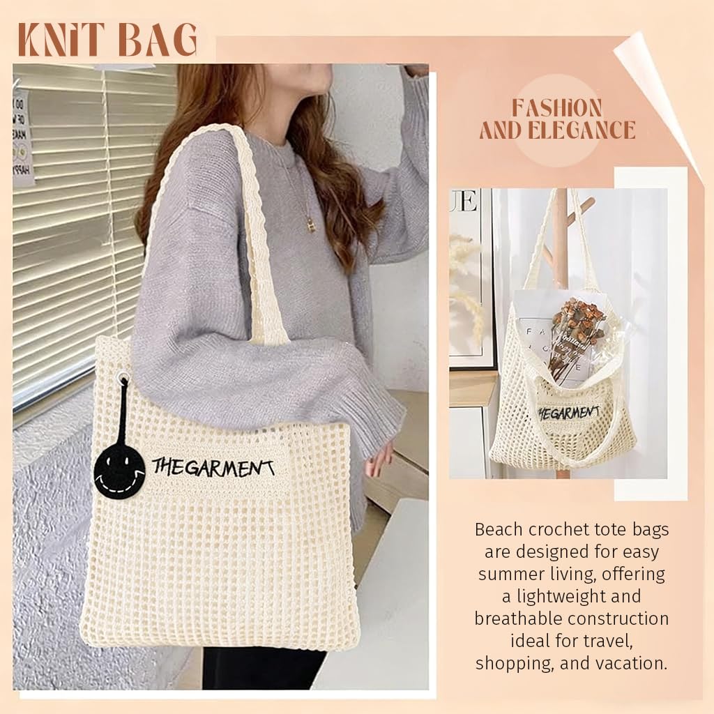 PALAY® Tote Bag for Woman Beige Crochet Hand Bags with Smiley Charm Mesh Woven Knitting Women Handbags Elegant Hollow-out Braided Beach Bohemian Shoulder Bag for Woman