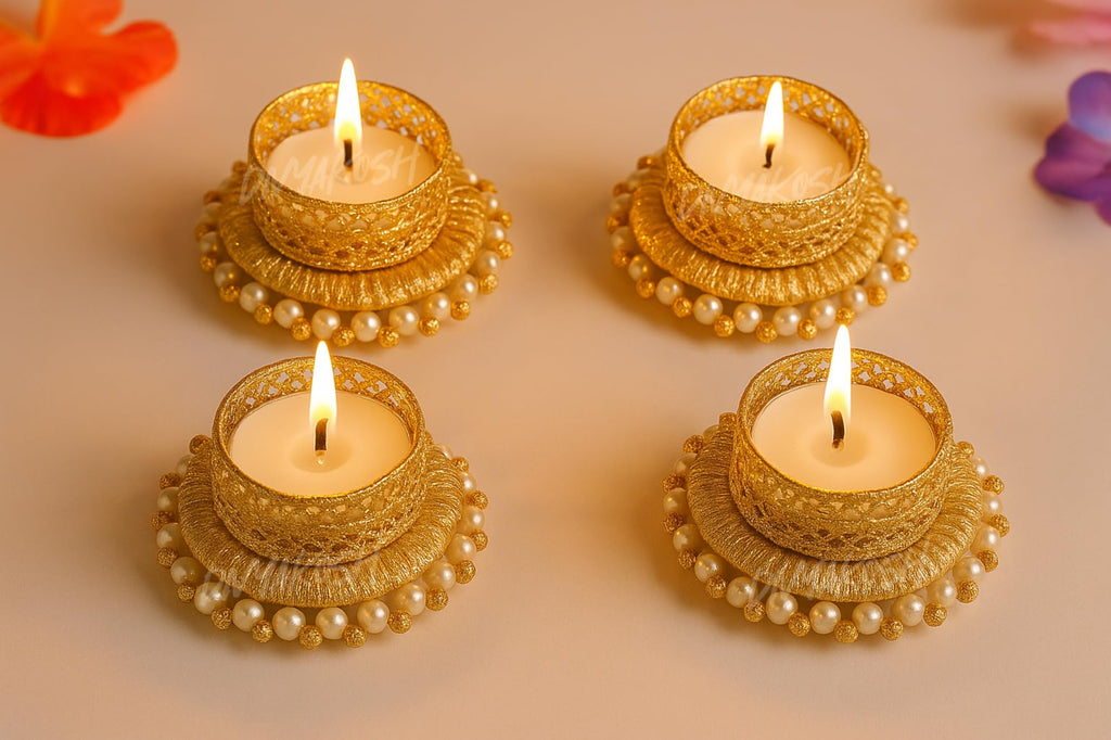 Divyakosh Metal Tea Light Candle Holder Set of 4 Pcs, Deepawali Tlight for Decoration, Diya for Home Decor| Designer Candle Holders | Diwali Gift, Gift Items |, Gold & White