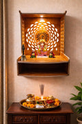 PIXELCRAFTS Wooden Temple Puja Mandir Art and Crafts Temple for Home, Shop, Office with LED SPOT Light (Size – H 15.5X L 11.5 x W 11 inch) (COACHWOODSURYA)