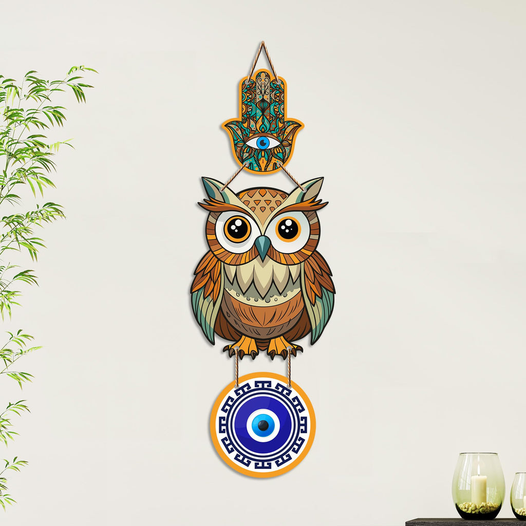 Artvibes Lucky Owl Evil Eye Hanging Decor for Main Door & Entrance | Nazar Protection MDF Wall Art | Vastu Decorative Accent for Living Room | Office | Balcony & Hallway | Home Decoration (WH_8524N)