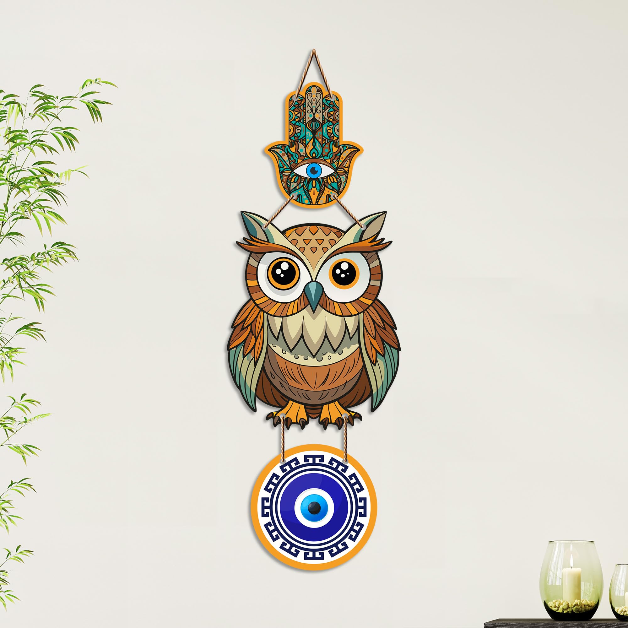 Artvibes Lucky Owl Evil Eye Hanging Decor for Main Door & Entrance | Nazar Protection MDF Wall Art | Vastu Decorative Accent for Living Room | Office | Balcony & Hallway | Home Decoration (WH_8524N)