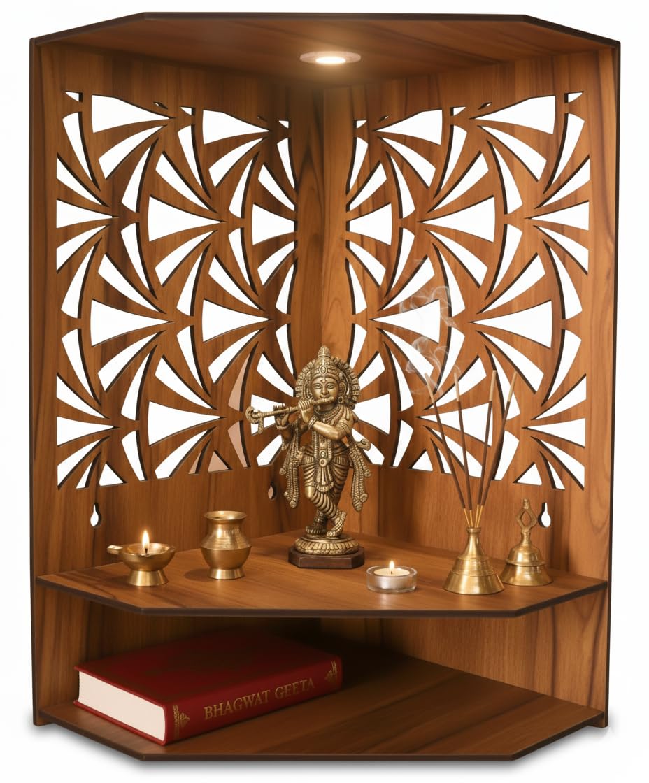 GOJEEVA KRAFT Royal Walnut Finish Wooden Pooja Mandir | Wall Mounted Home Temple with LED Lights & Spacious Storage | Premium Handcrafted Puja Unit (37.5 * 29 * 25 CM) (Large) A7
