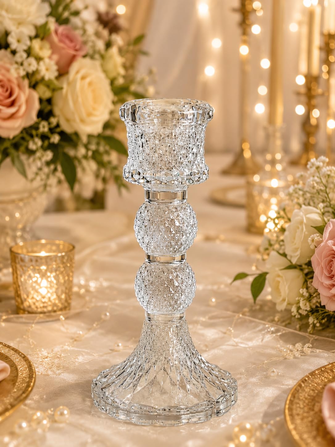 Pillar Crystal Glass Candle Holder of 2 Piece Set