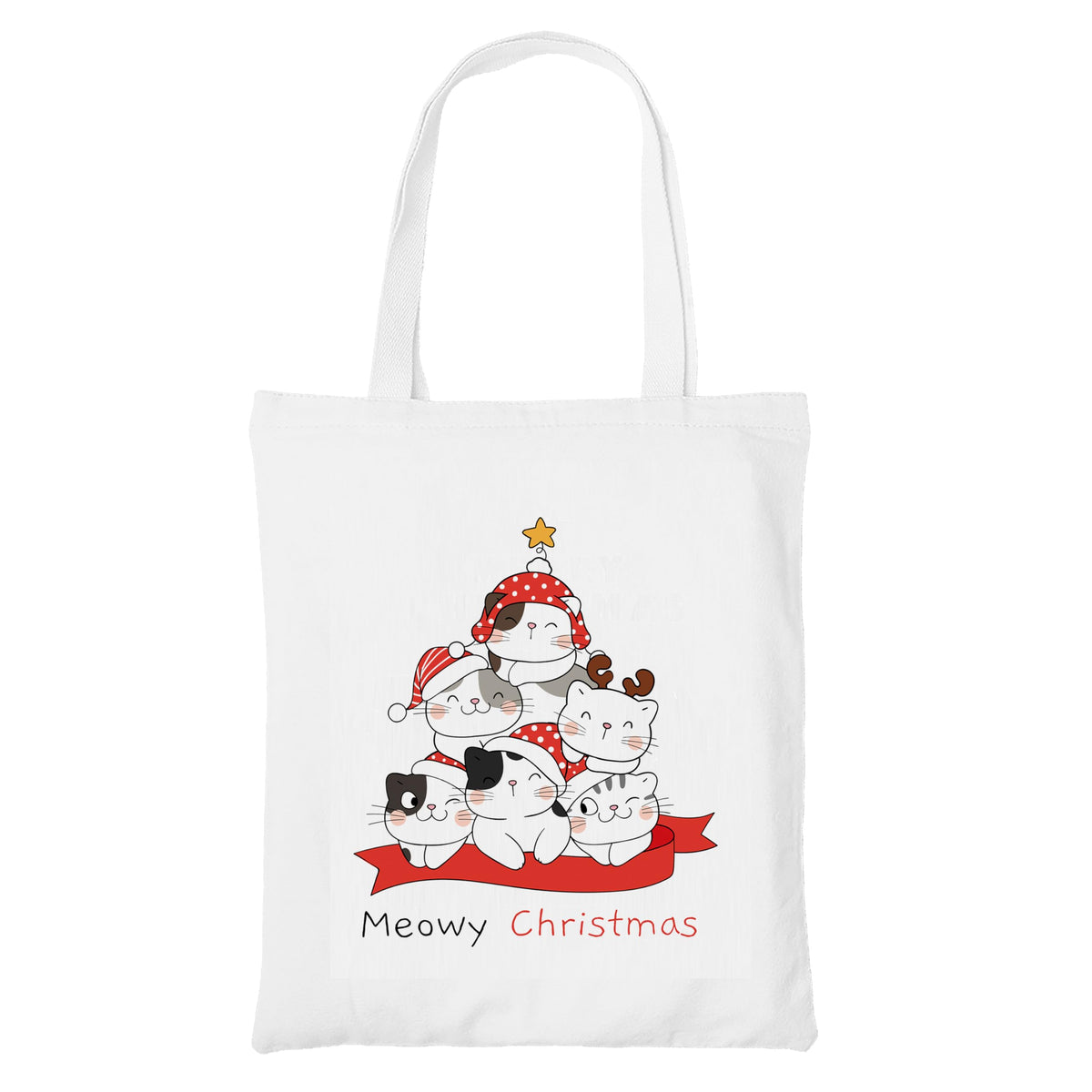 Happu-White Cotton Canvas Tote Bag with Zip | Happy Christmas Festive Print | Reusable, Washable & Eco-Friendly Multi-Purpose Tote for Women & Girls HPK-3443