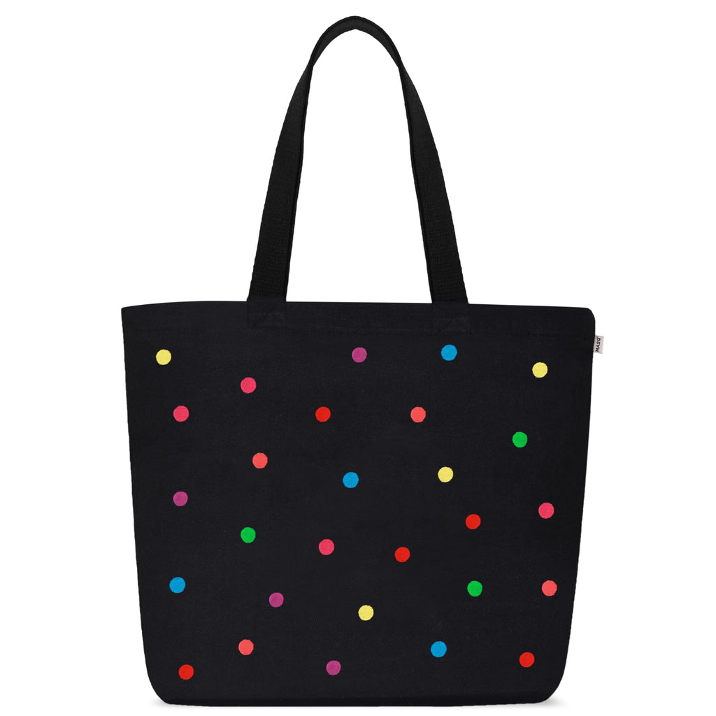 MASQ by Q-One Cute Genes Foldable Reusable Tote Bag for Women with Zip | College Bag for Girls | 100% Organic Canvas Tote for Shopping, Travel & Beach | (Polha Black)