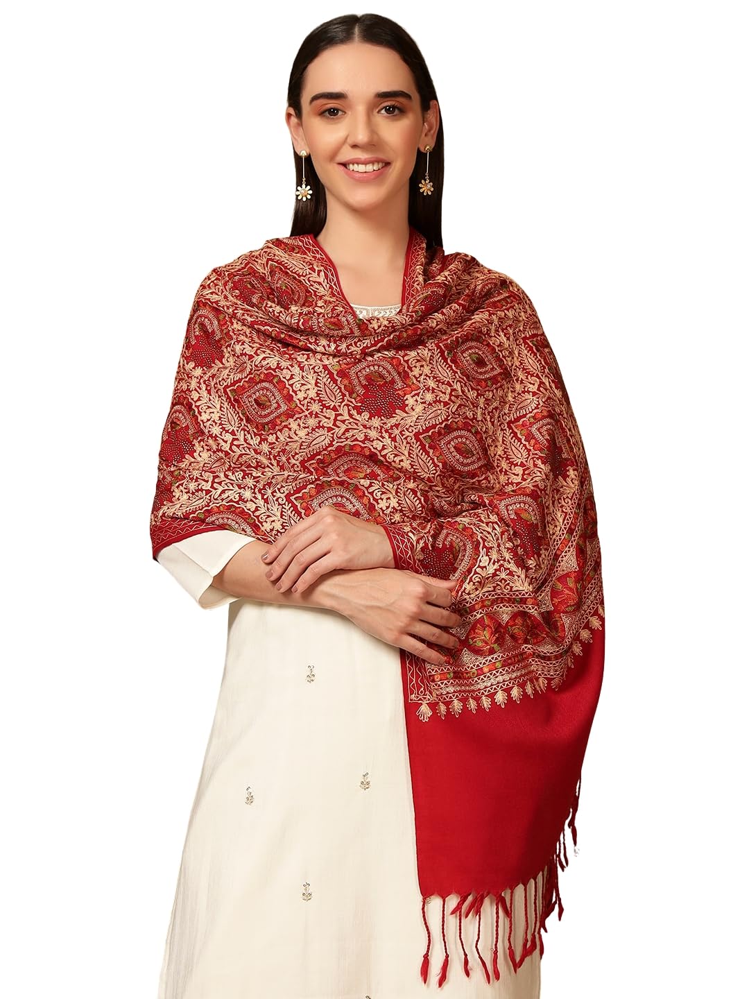 Pashmoda Women Ornate Harmony Fine Wool Nalki Embroidered Stole (Size : 28x80in, 71X203cm) EMST03