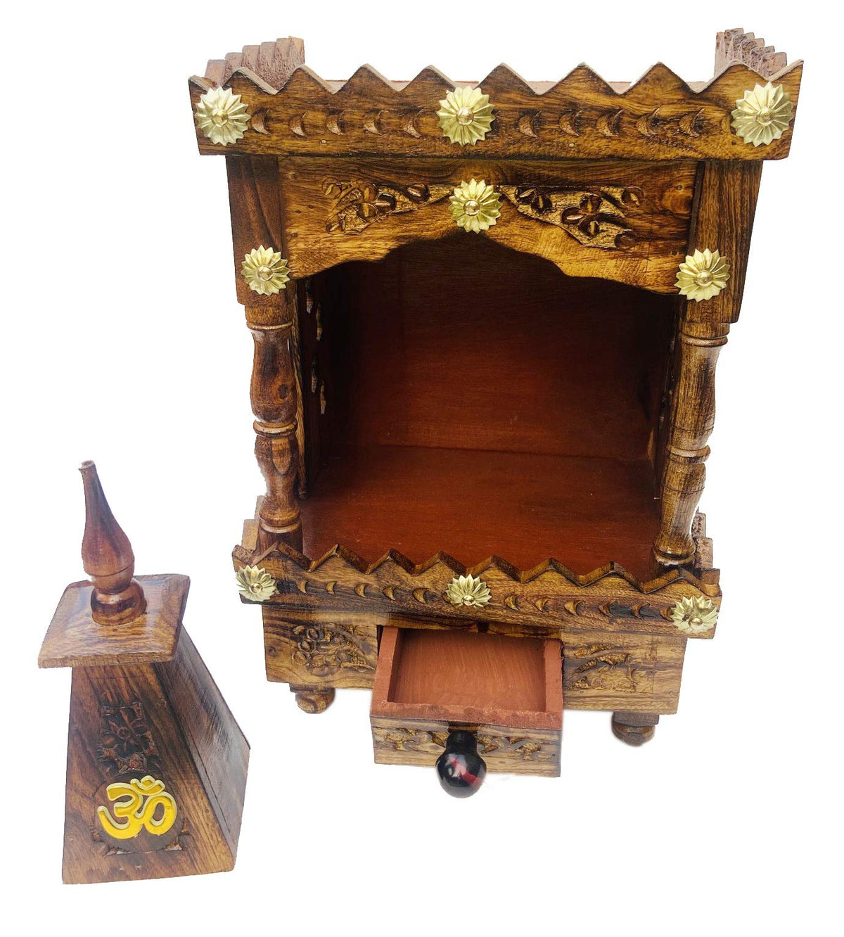 Sk Handicrafts Wooden Handmade Decor/Pooja Temple for Home and Office with Small Drawer (12 inch, Brown)