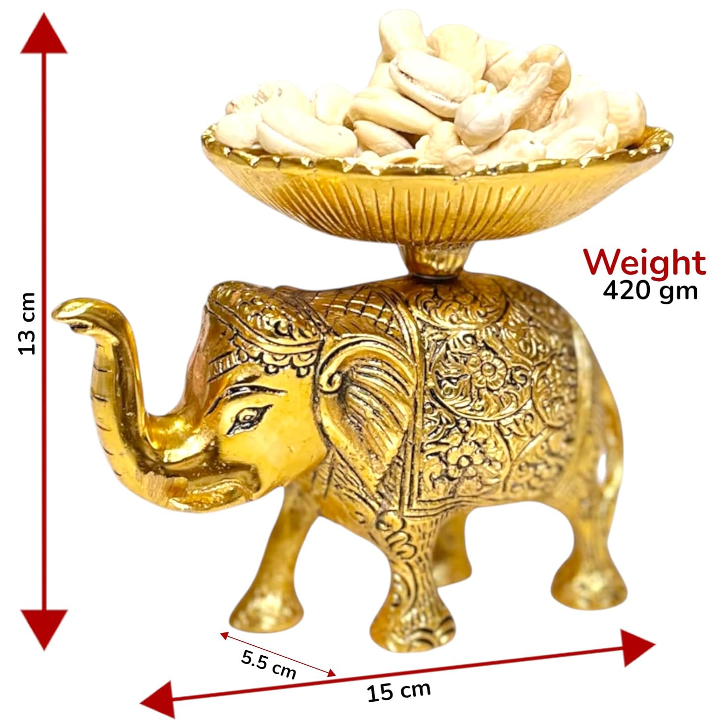 KridayKraft Metal Elephant Dry Fruit Bowl Showpiece Gold Polish for Your Home,Office Table Decorative,Elephant Showpiece Bowl for Gift,Animal Figurines