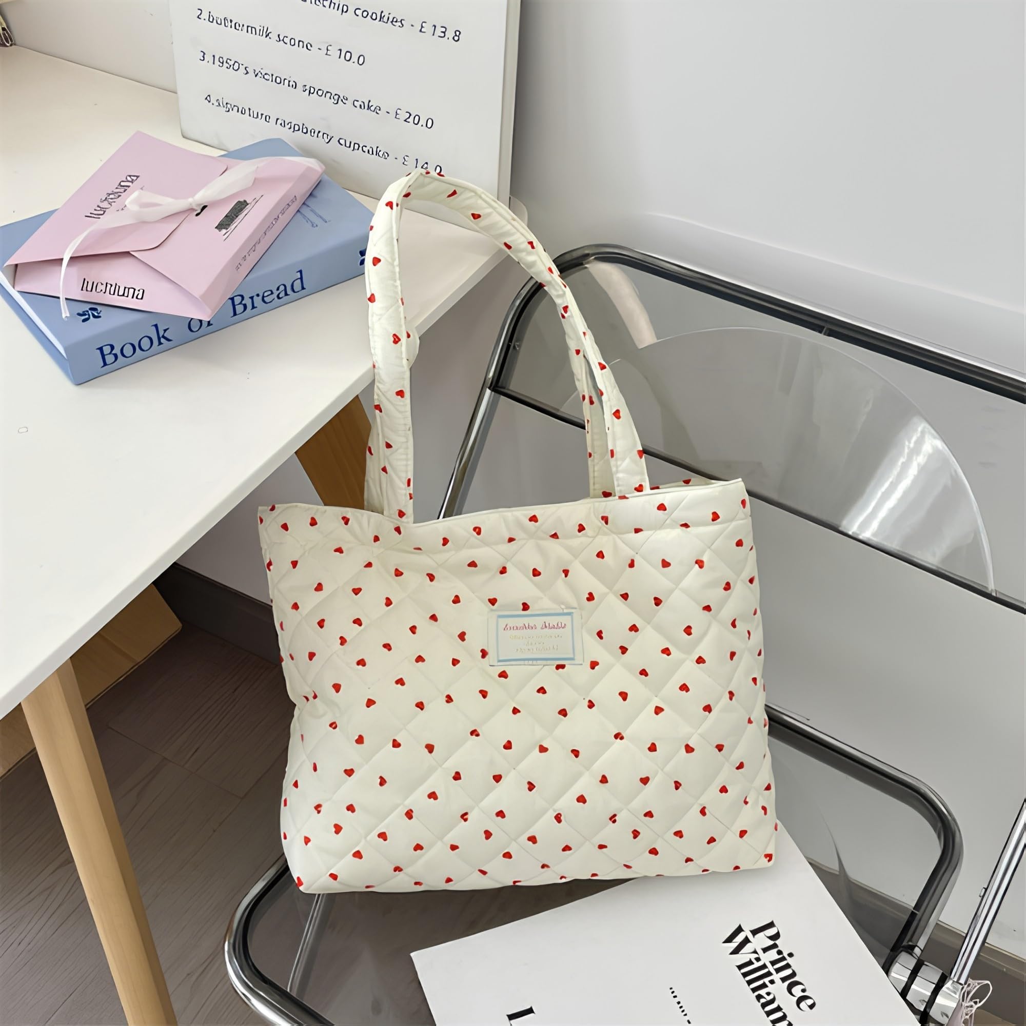 Gowloz Quilted Love Heart Plaid Tote Bag for Women, Large Capacity Lightweight Shoulder Bag for Travel, Shopping & Work, Stylish Durable Daily Use Fashion Tote Bag
