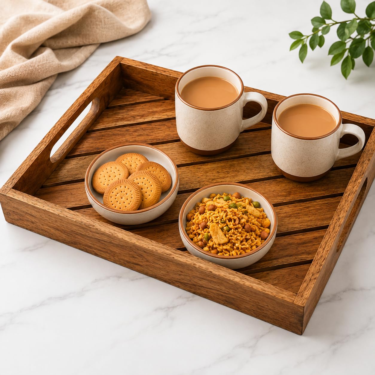 BAUZINI Mango Wood Serving Tray with Handles Rectangular Wooden Tray for Tea, Coffee, Breakfast & Snacks Decorative Serving Tray for Coffee Table, Kitchen, Dining & Home Decor - 14 x 9 x 1.5 Inch