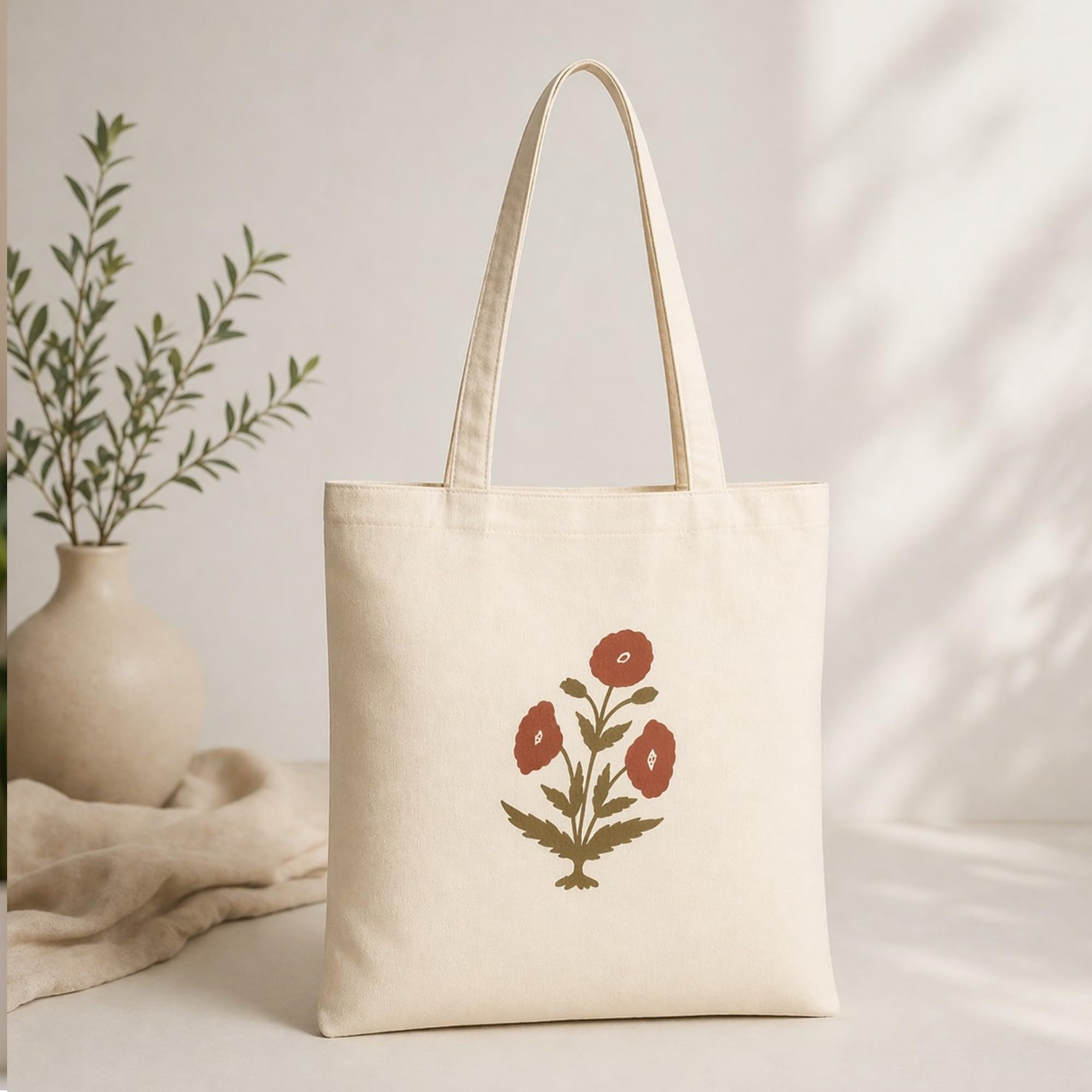 Neelkanth Imprint Eco-Friendly Hand Block Printed Floral Cotton Canvas Tote Bag, Reusable Shopping & Daily Use Shoulder Handbag