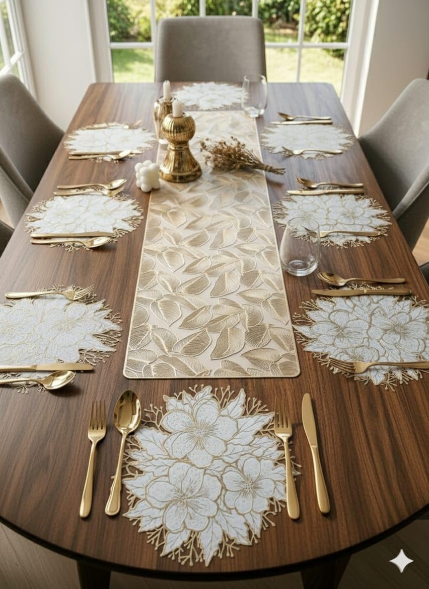Dining Table Mats Set with Table Runner Leaf Design Placemat Set for Dining Table Stylish Table Mats (Luxury Floral Design Table mat+ Luxury Gold Skeletal Leaf Table Runner, Pack of 9 (8+1)) Kafalo