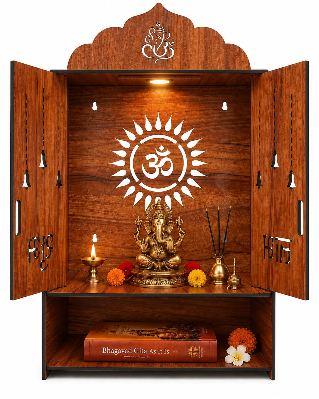 Gloridec Wooden Pooja Mandir with Door, Wall Mounted Temple with LED Light, 49x30x20 CM, for Home Puja Room, Living Room & Office (Design -1)
