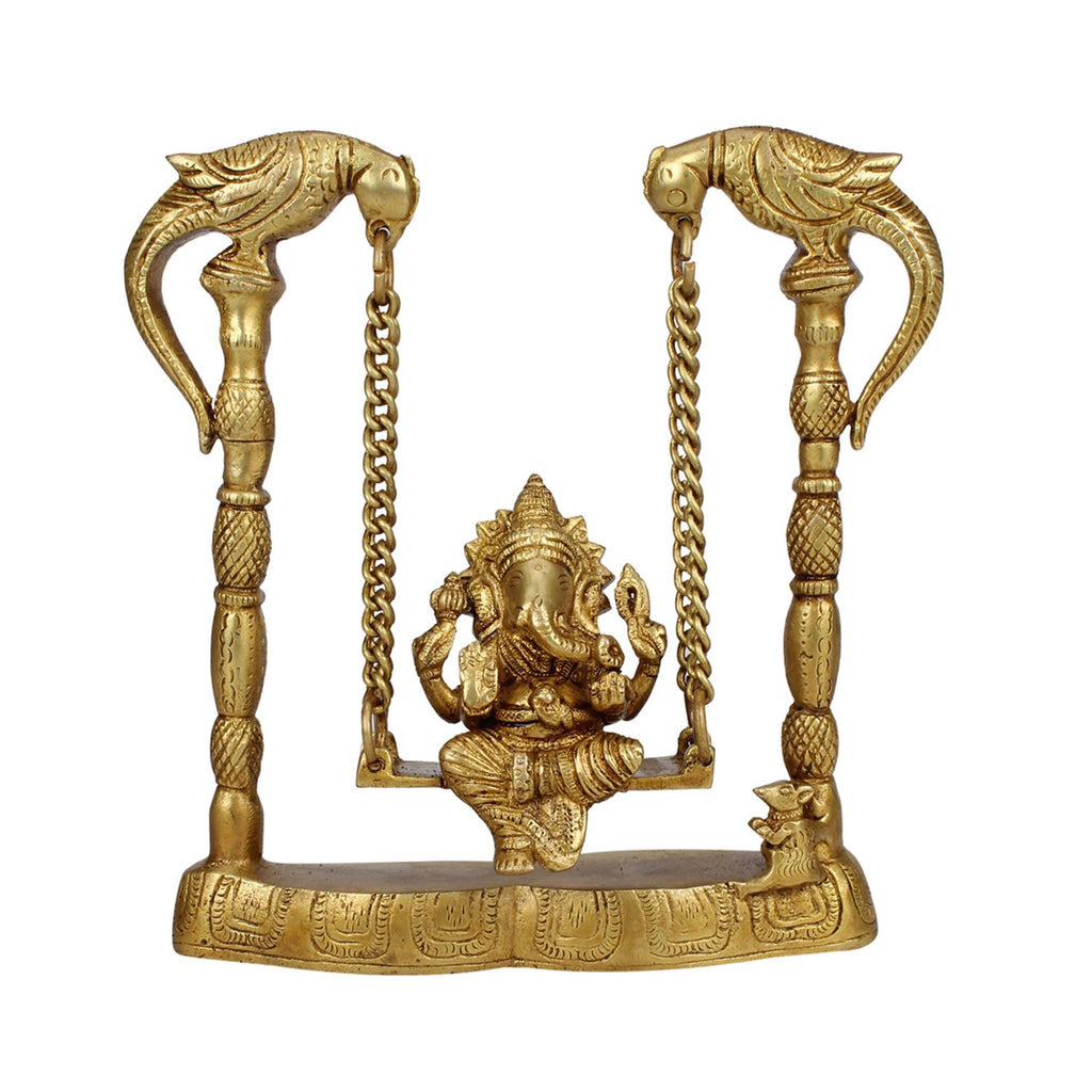 SVARUP Brass Ganesha on Jhoola Ganesh Swing Decor Showpiece Handcrafted Statue 8 Inch, Gold 1 Pcs Standard