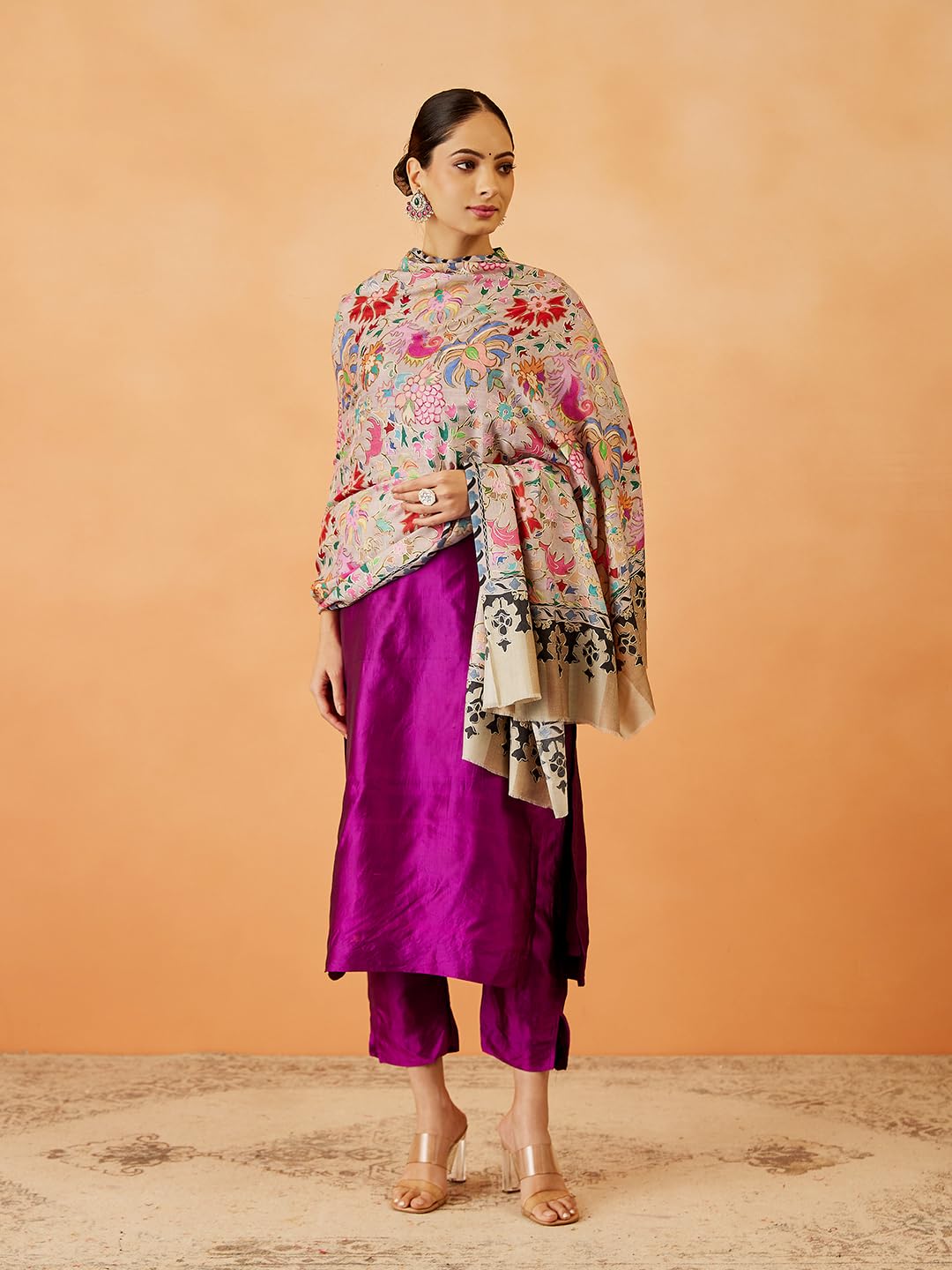 Pashmoda Women Shaheen Fine Wool Fabric Pashmina Kalamkari Embroidered Shawl, Stole and Wrap, Sustainable and Natural Fabric, Heritage Kashmiri Pashmina(Size 40x80)