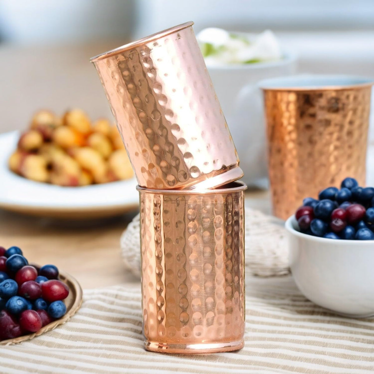 HEALTHANDWEALTH Set of 2 Hand Crafted Hammered Copper Tumbler | Pure Copper Water Mug | 300 Ml Water Hold for Ayurvedic Health Benifits (Hammered)