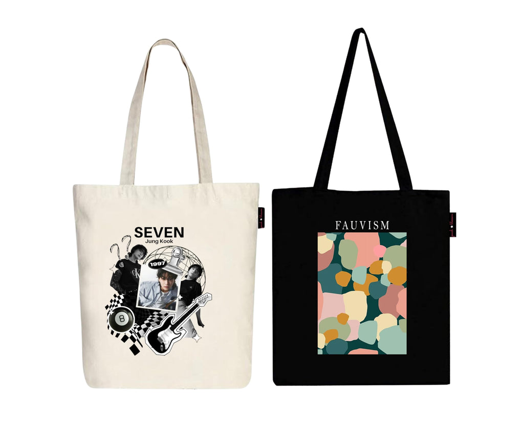 Peach Blossom Printed Cotton Zipper Tote Bags | CBAG - WHT-SEVEN JUNG_BLK-FAUVISM