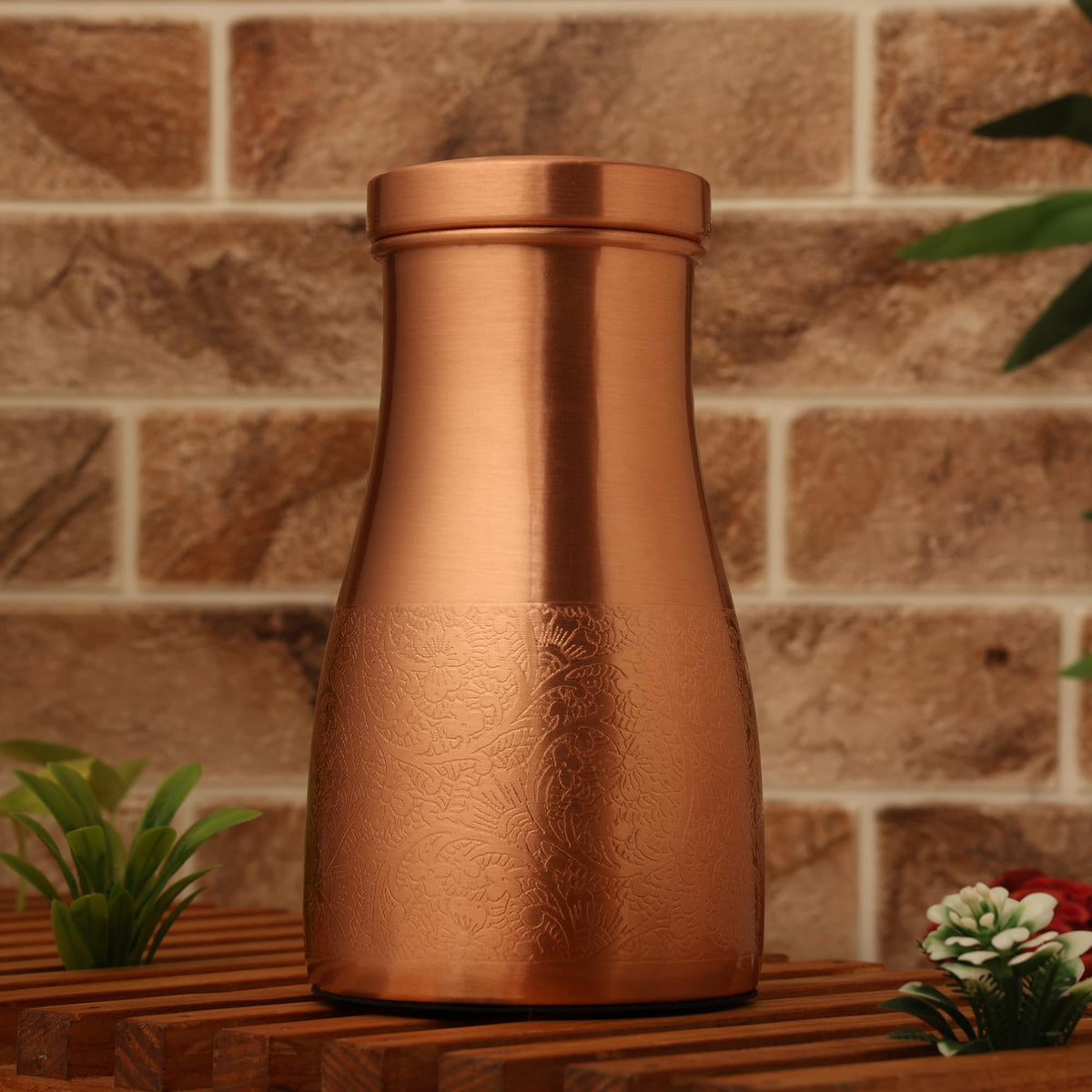 Tambra Copper Bedroom Jar with Inbuilt Glass | Carving Design | Handcrafted, Leakproof, Jointless | Ayurvedic Benefits, Antioxidant Properties | 1200 ml (Pack of 1)