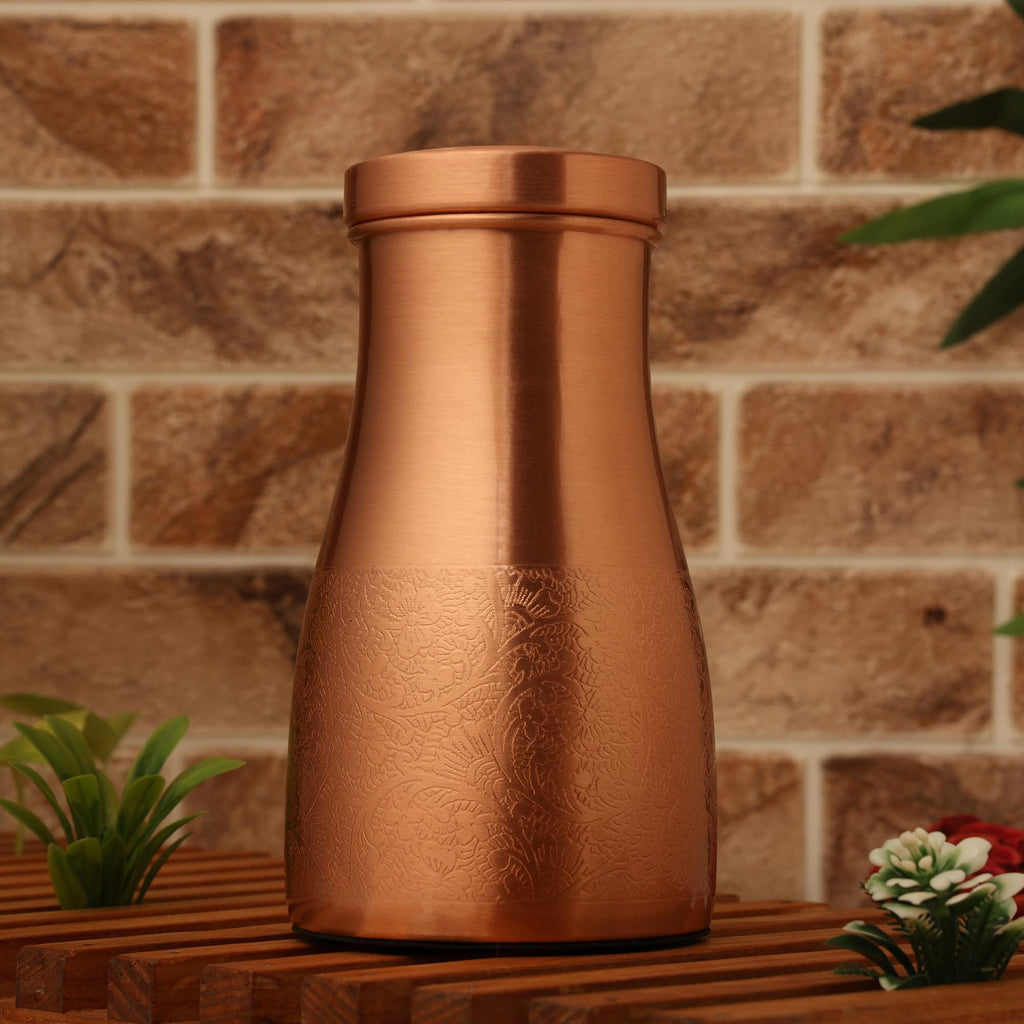 Tambra Copper Bedroom Jar with Inbuilt Glass | Carving Design | Handcrafted, Leakproof, Jointless | Ayurvedic Benefits, Antioxidant Properties | 1200 ml (Pack of 2)